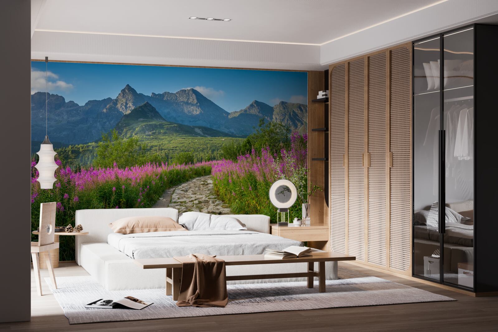 Fototapeta Cesta uprostred rozkvitnutého poľa v horskej oblasti