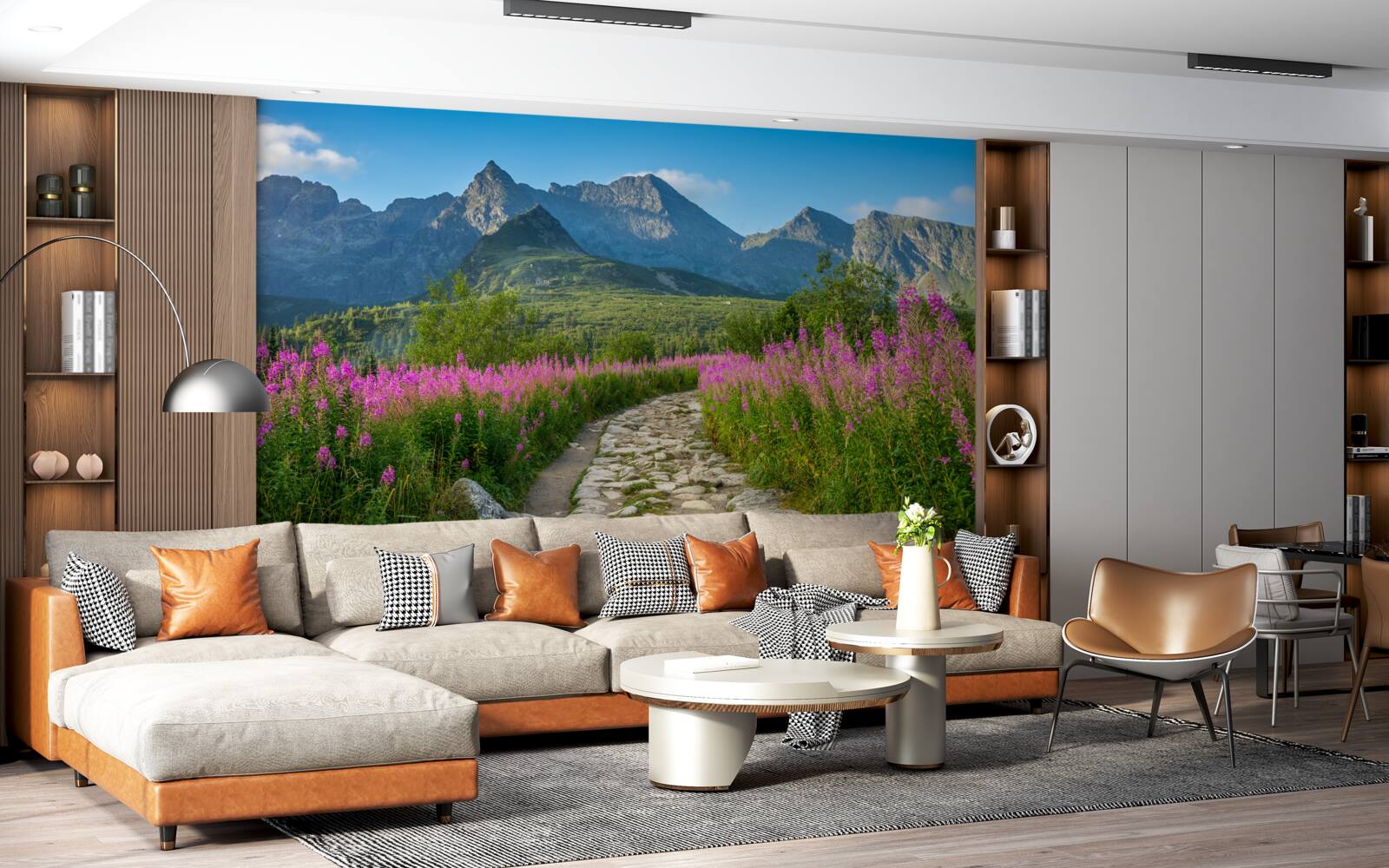 Fototapeta Cesta uprostred rozkvitnutého poľa v horskej oblasti