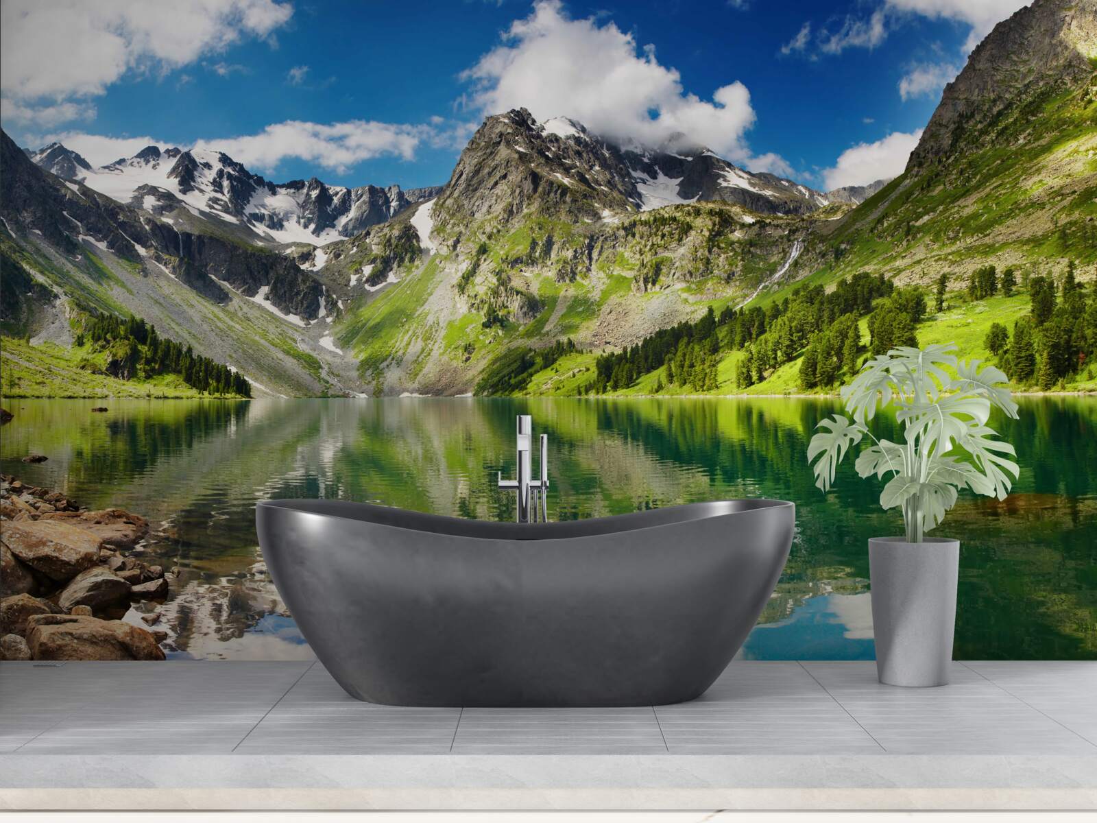 Fototapeta pokojné vody jazera v horách počas letného dňa