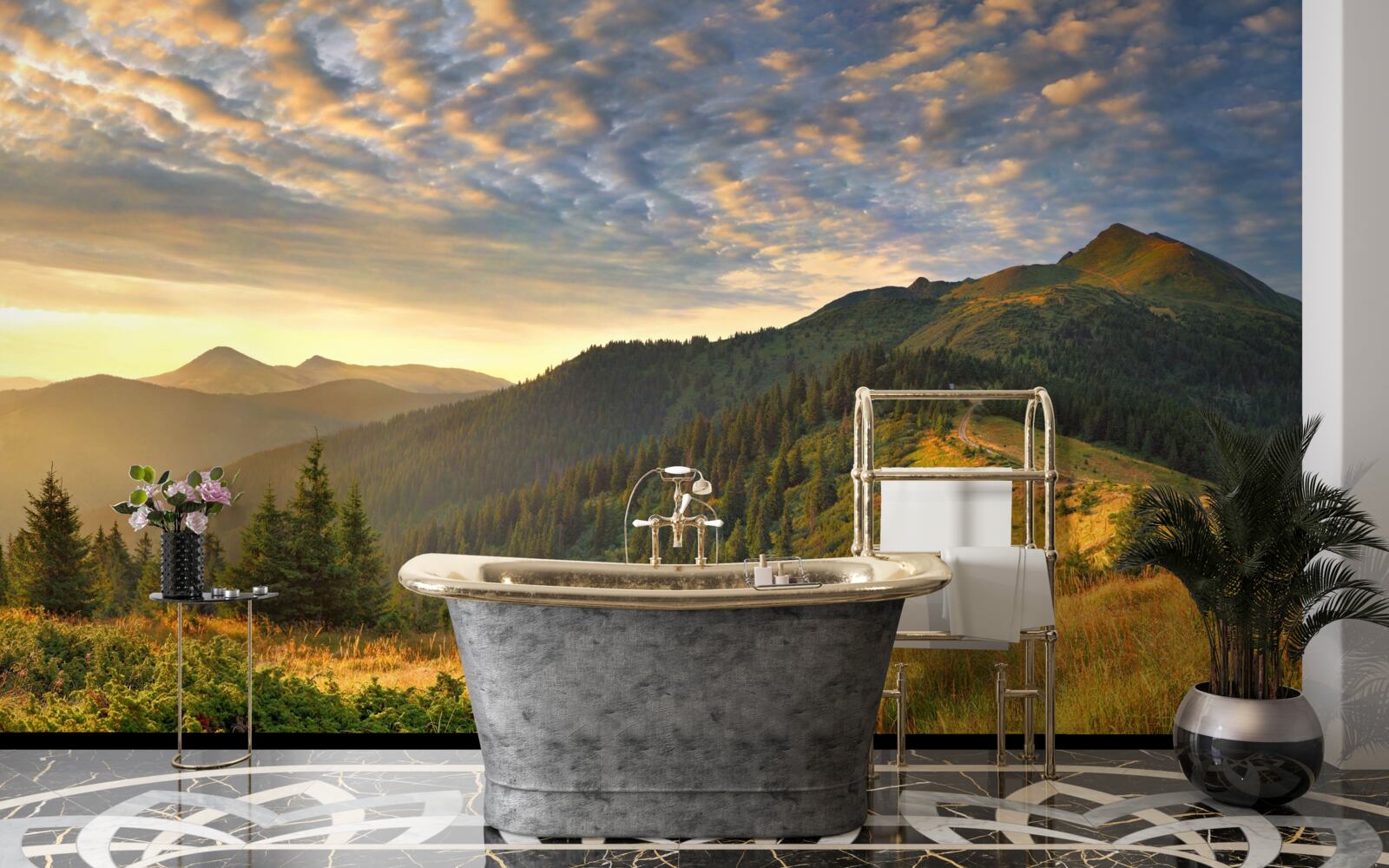 Fototapeta oblaky nad horami sú vymaľované teplými farbami západu slnka