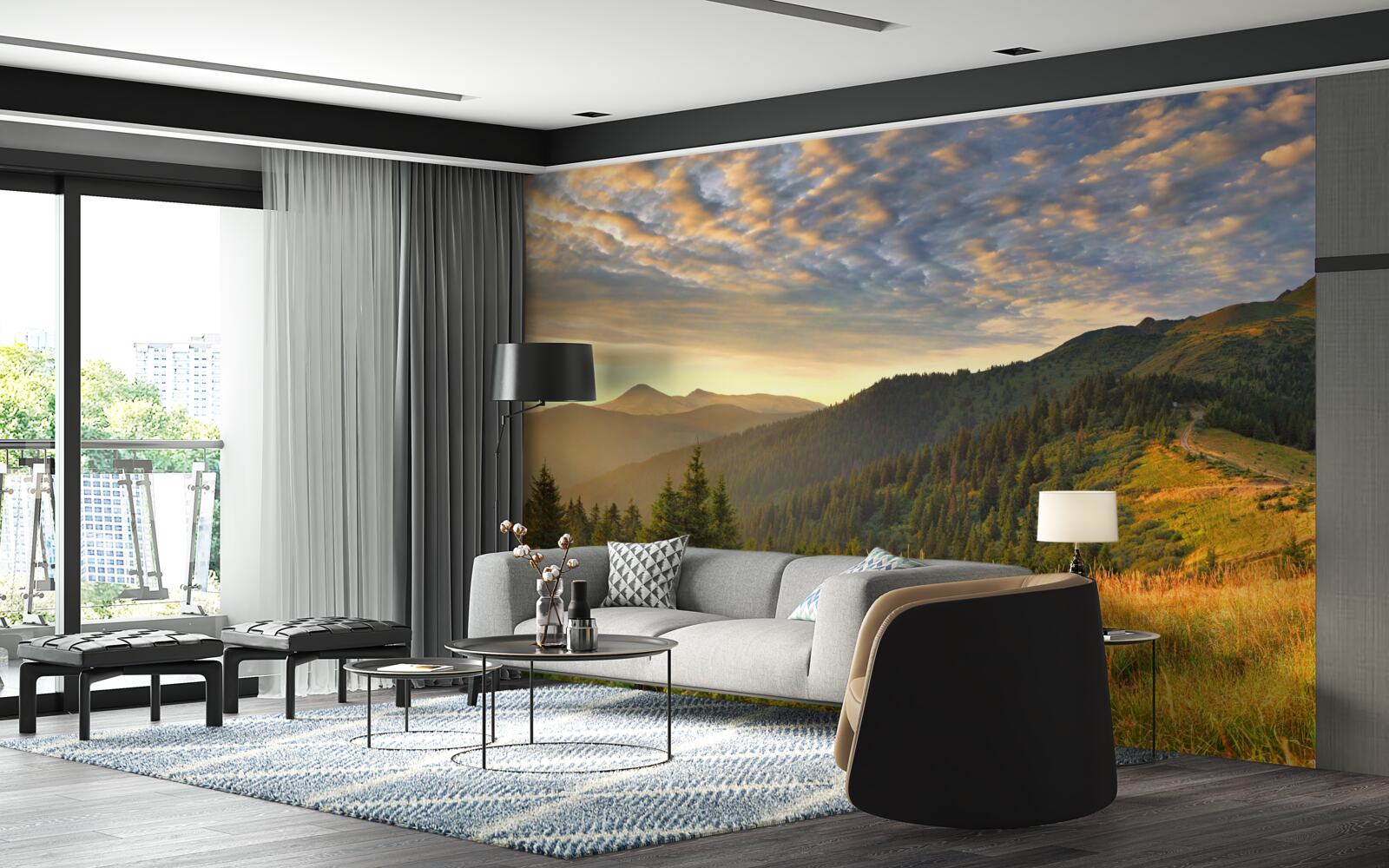 Fototapeta oblaky nad horami sú vymaľované teplými farbami západu slnka