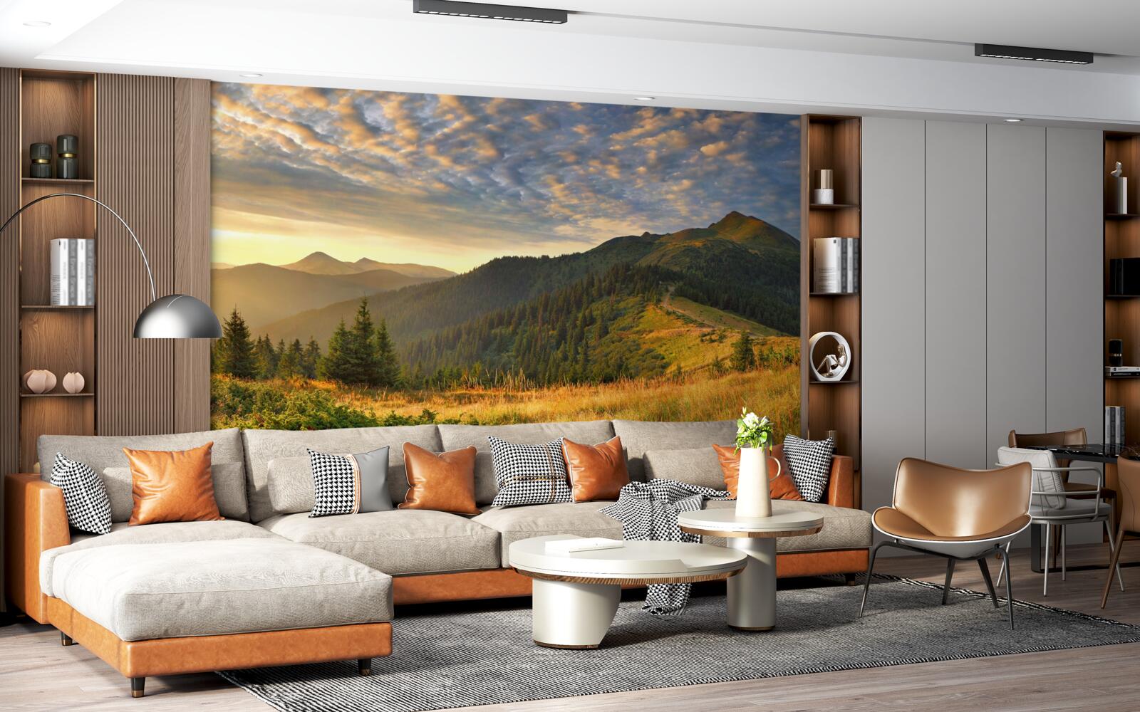 Fototapeta oblaky nad horami sú vymaľované teplými farbami západu slnka