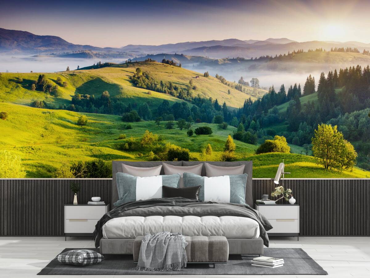 Fototapeta horské lúky ožívajú v teplých lúčoch úsvitu