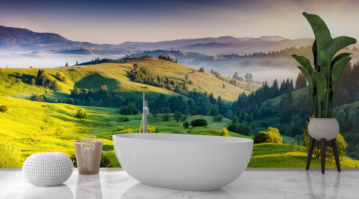 Fototapeta horské lúky ožívajú v teplých lúčoch úsvitu