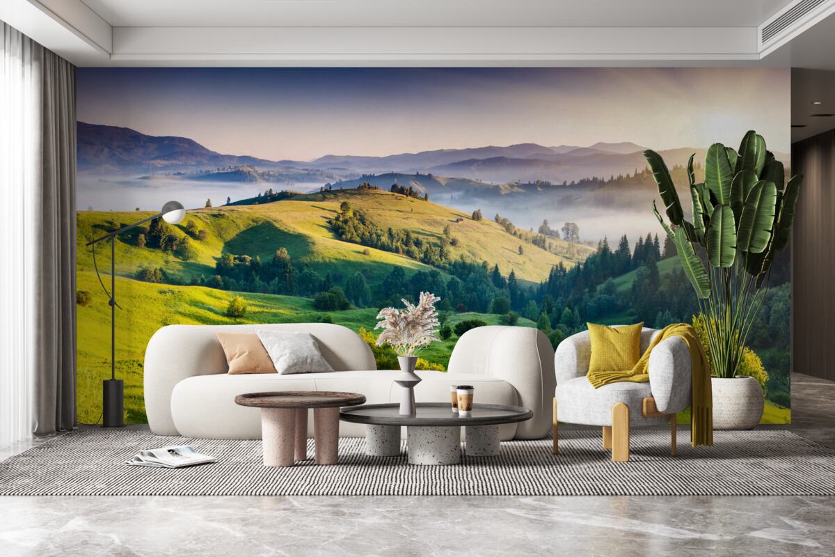 Fototapeta horské lúky ožívajú v teplých lúčoch úsvitu