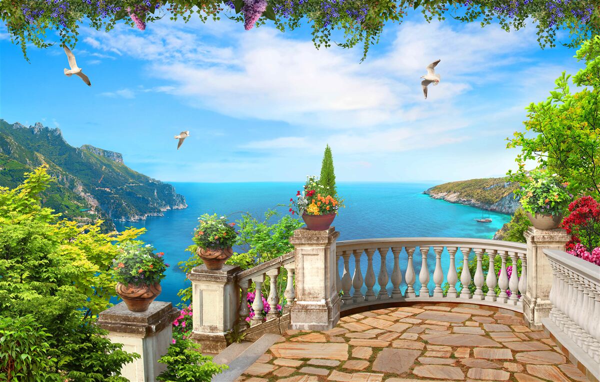 Fototapeta balkón s pohodlným prostredím, s výhľadom na hlbiny mora a vrcholky hôr