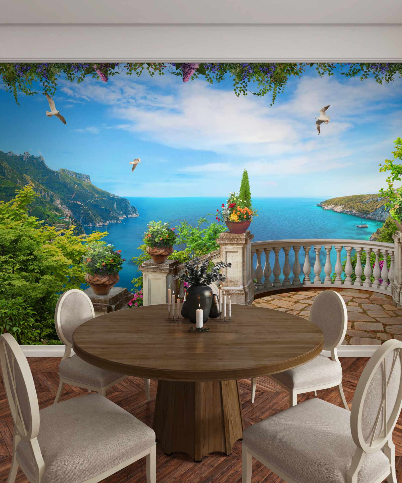 Fototapeta balkón s pohodlným prostredím, s výhľadom na hlbiny mora a vrcholky hôr