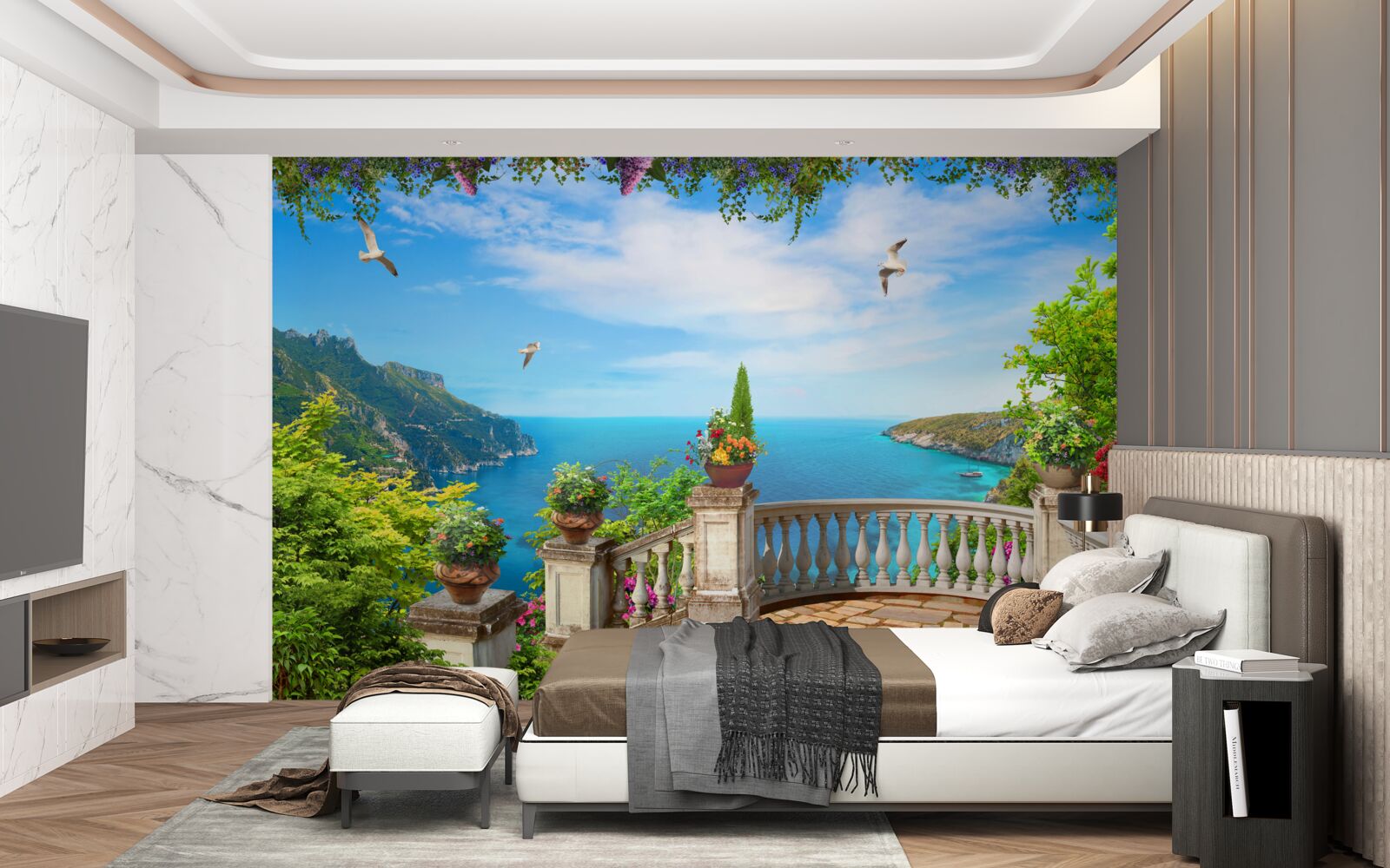 Fototapeta balkón s pohodlným prostredím, s výhľadom na hlbiny mora a vrcholky hôr