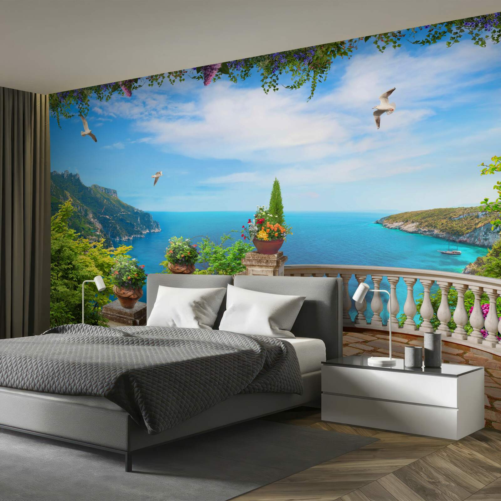 Fototapeta balkón s pohodlným prostredím, s výhľadom na hlbiny mora a vrcholky hôr