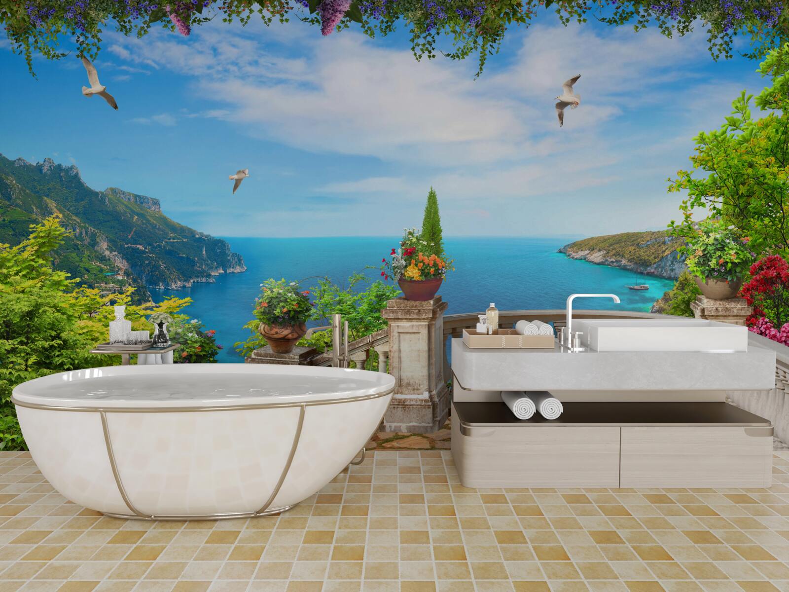 Fototapeta balkón s pohodlným prostredím, s výhľadom na hlbiny mora a vrcholky hôr