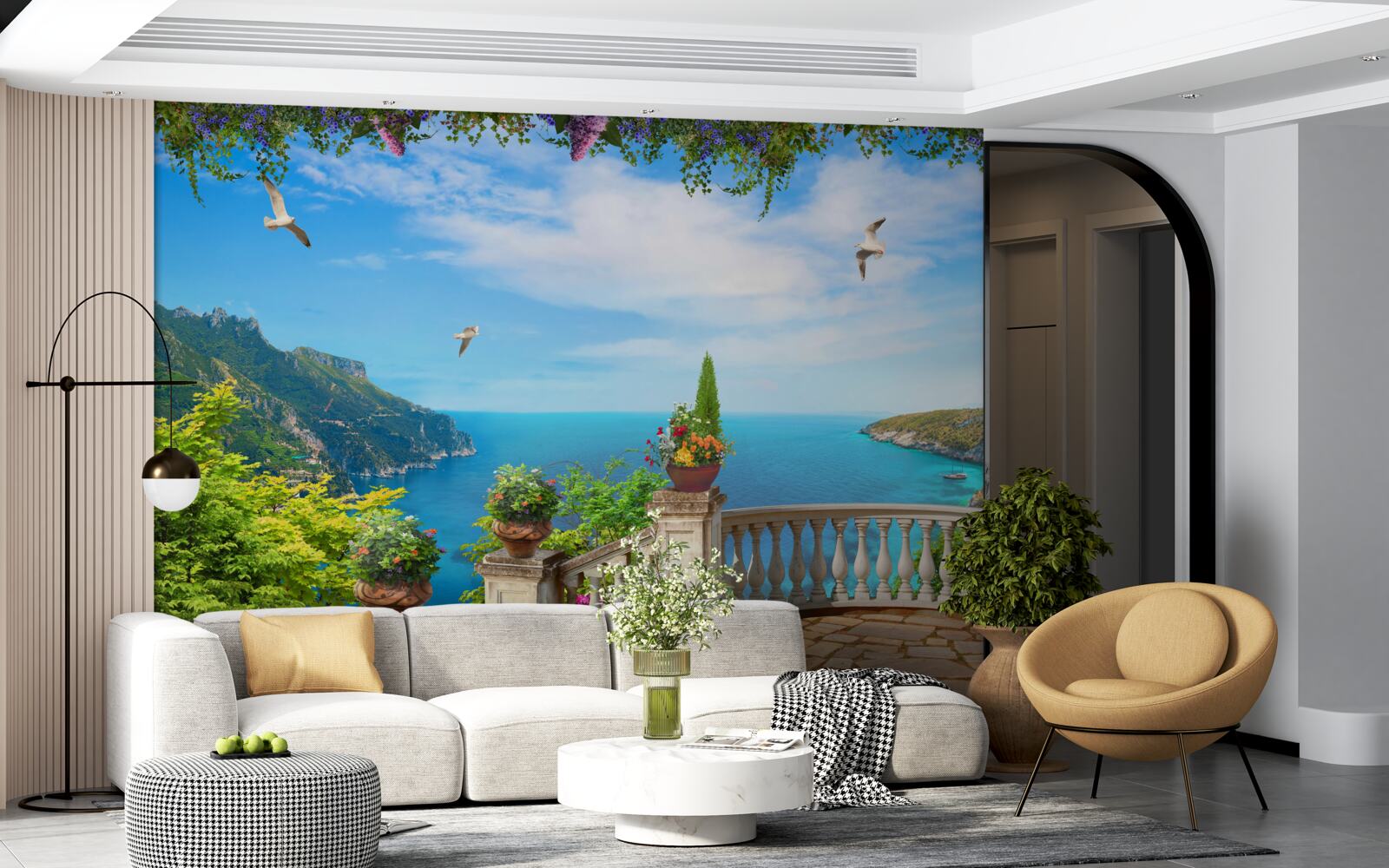 Fototapeta balkón s pohodlným prostredím, s výhľadom na hlbiny mora a vrcholky hôr