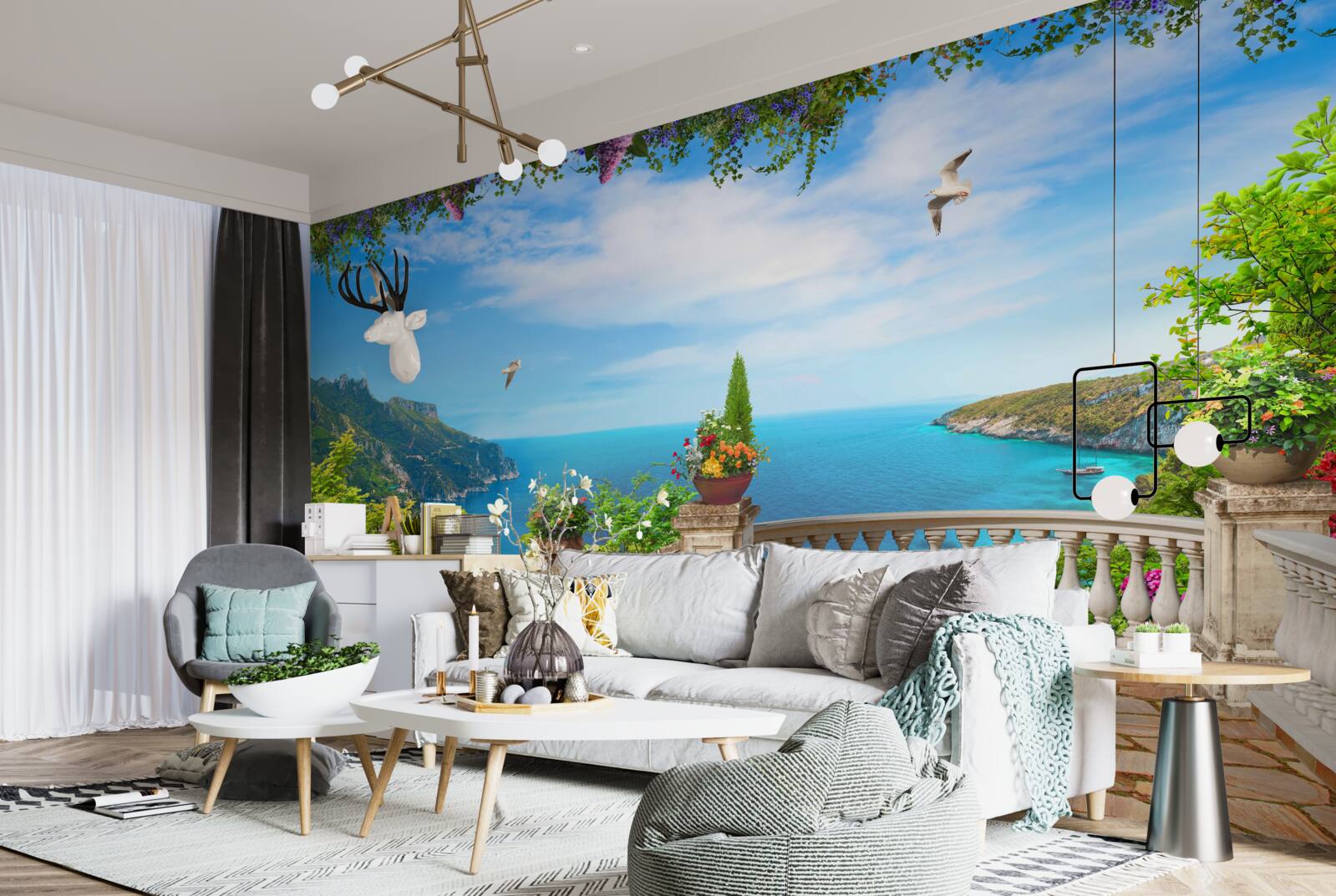 Fototapeta balkón s pohodlným prostredím, s výhľadom na hlbiny mora a vrcholky hôr