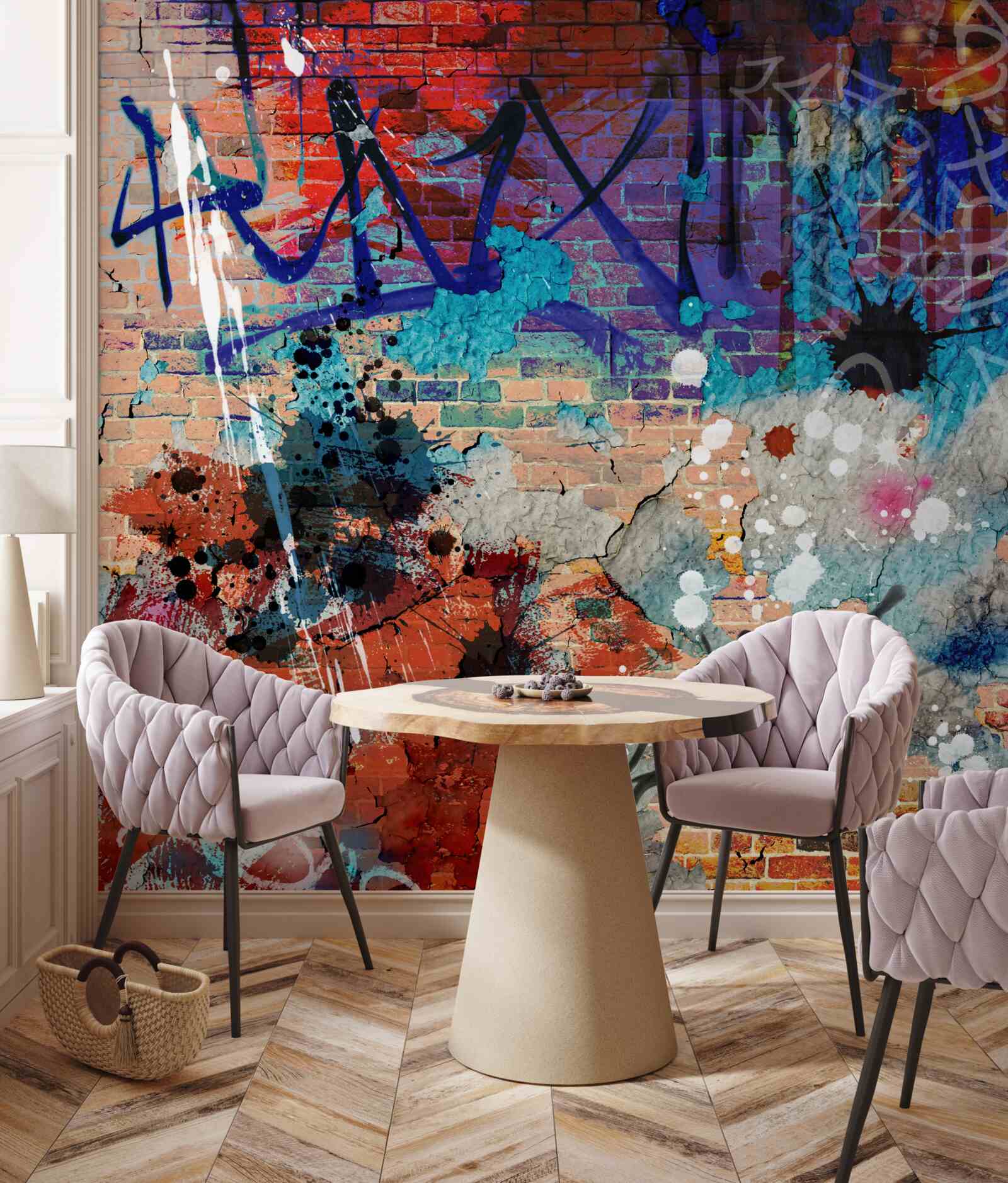 Fototapeta viacfarebný graffiti vzor na červenej tehlovej stene