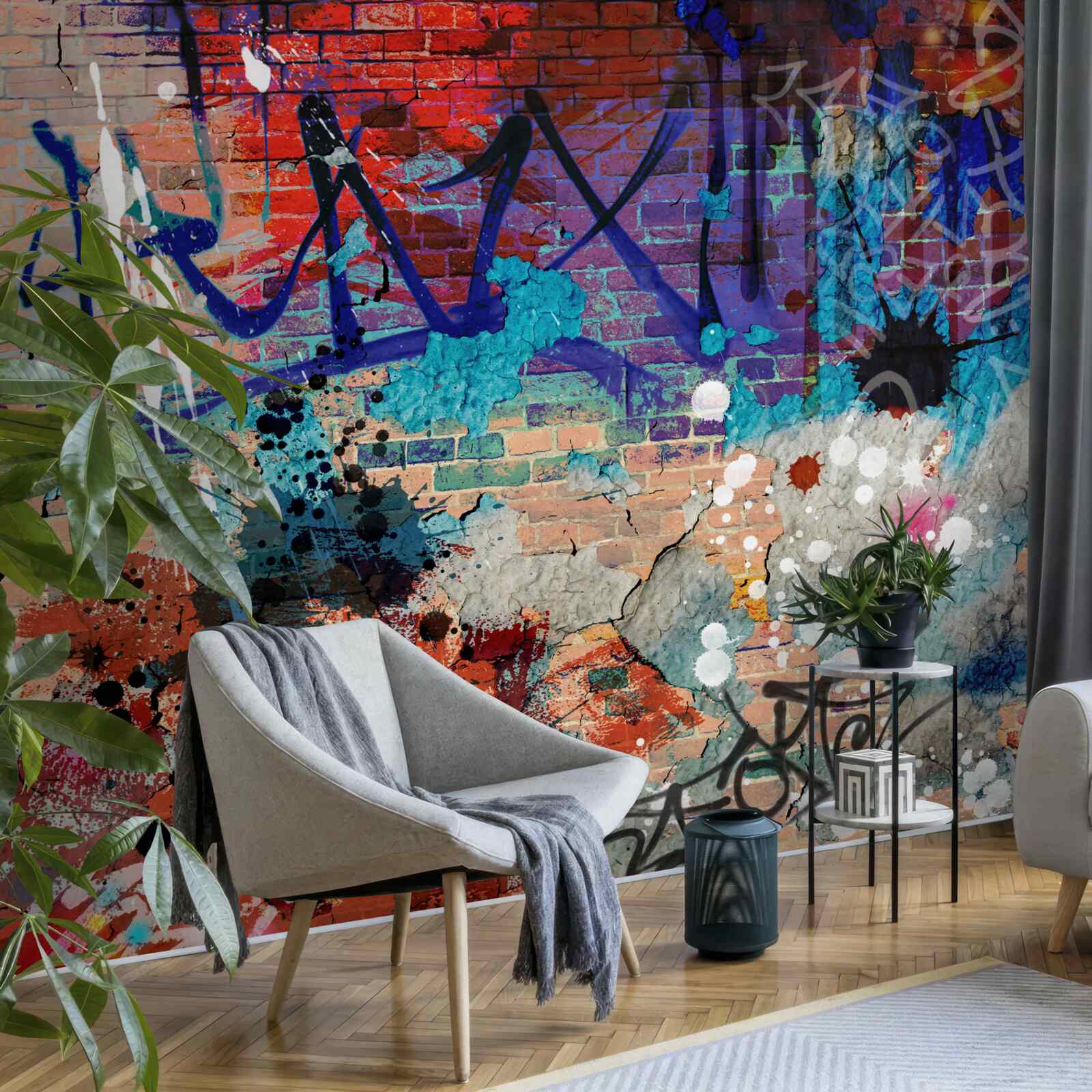 Fototapeta viacfarebný graffiti vzor na červenej tehlovej stene