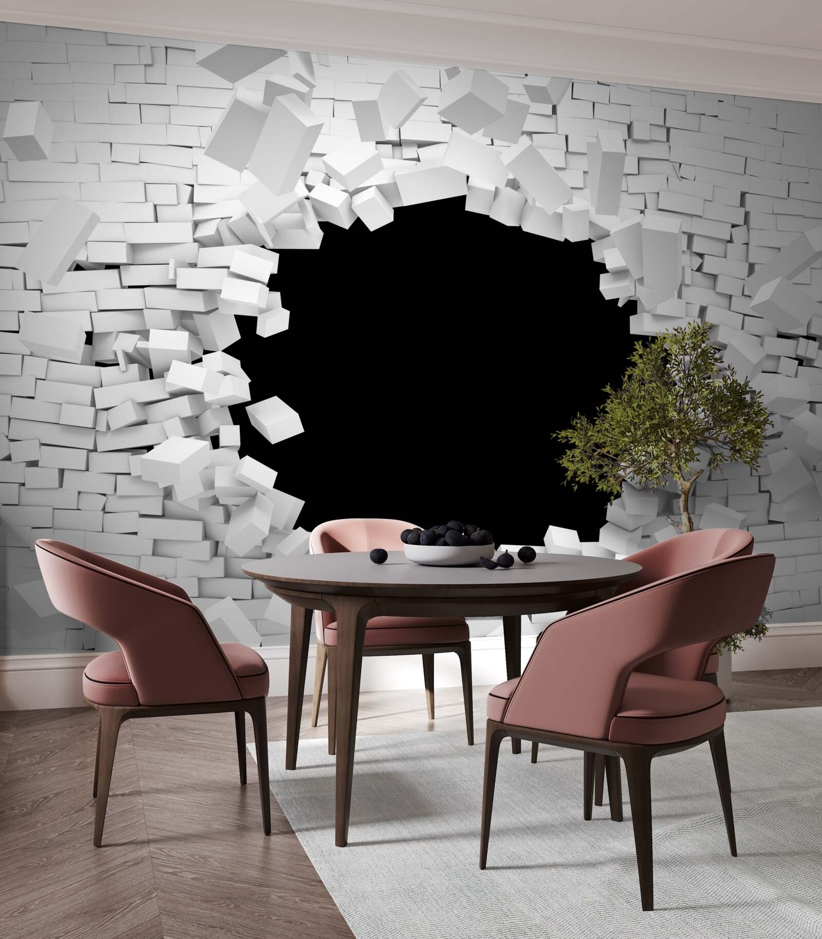 Fototapeta tmavá diera vo svetlej tehlovej stene