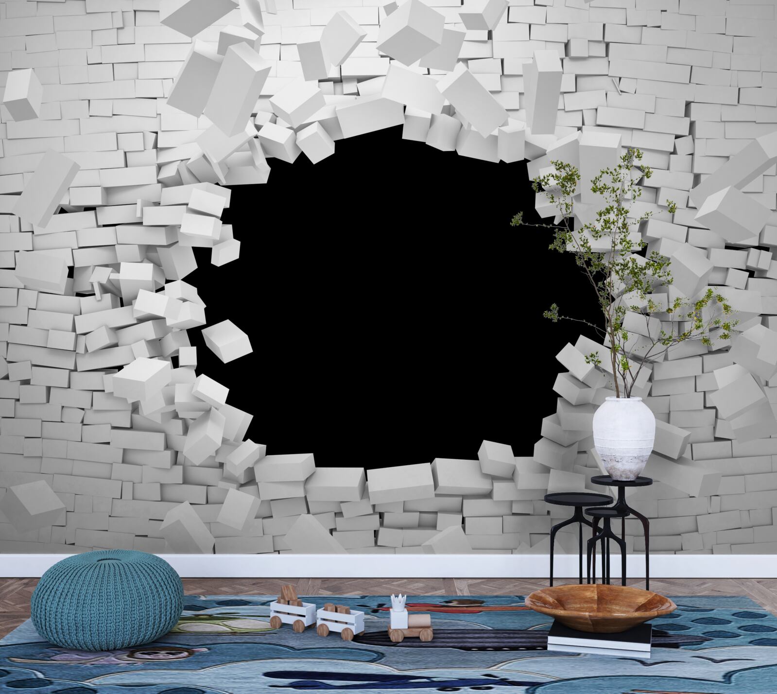 Fototapeta tmavá diera vo svetlej tehlovej stene