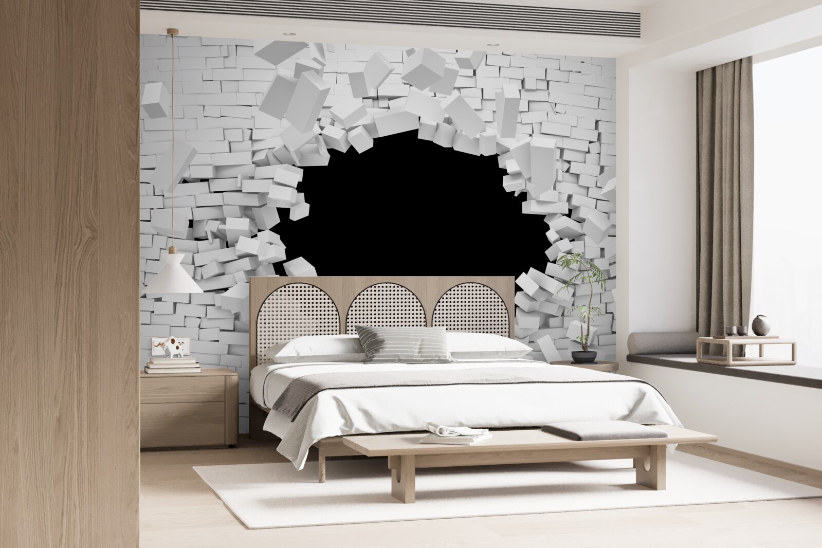 Fototapeta tmavá diera vo svetlej tehlovej stene