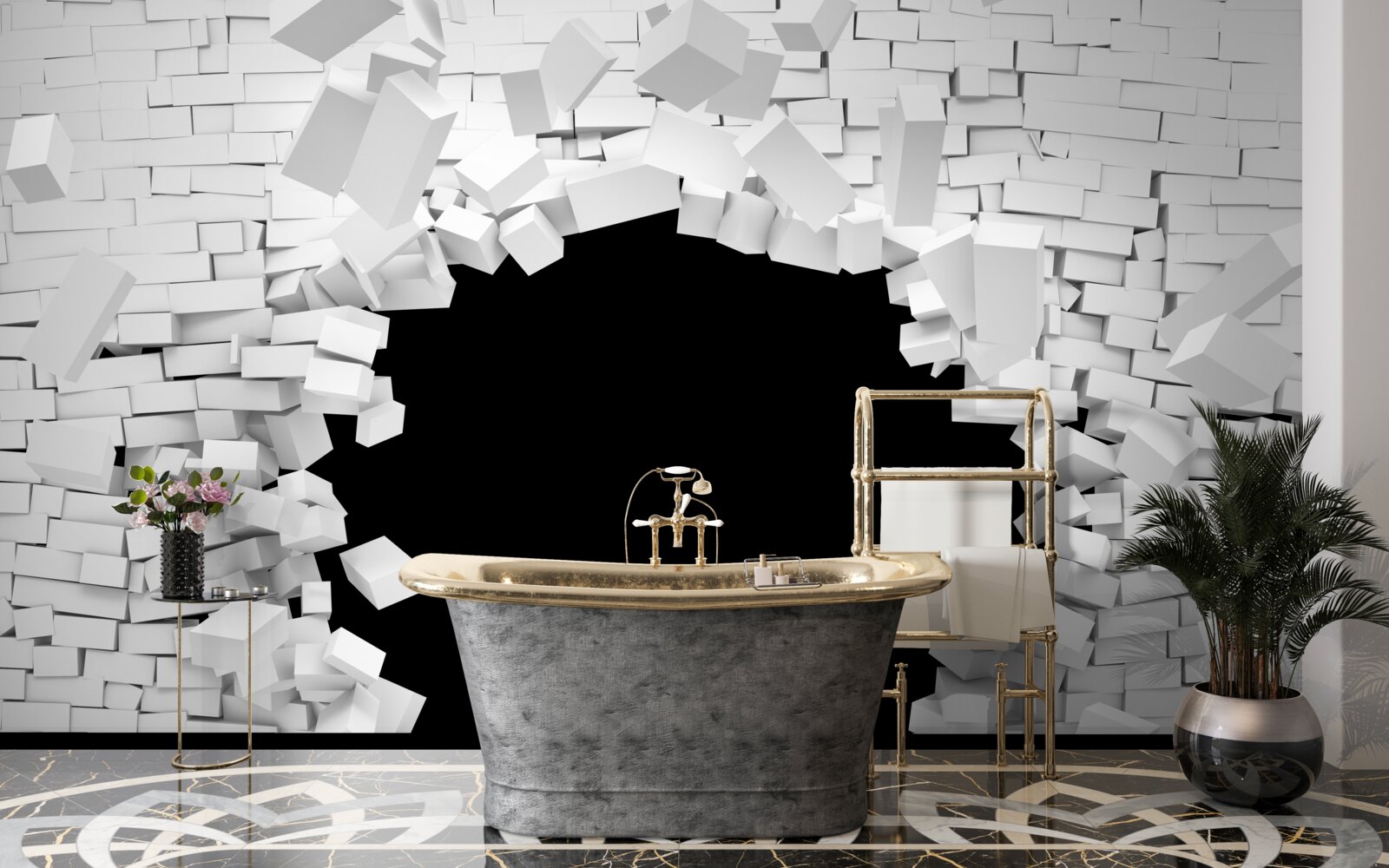 Fototapeta tmavá diera vo svetlej tehlovej stene