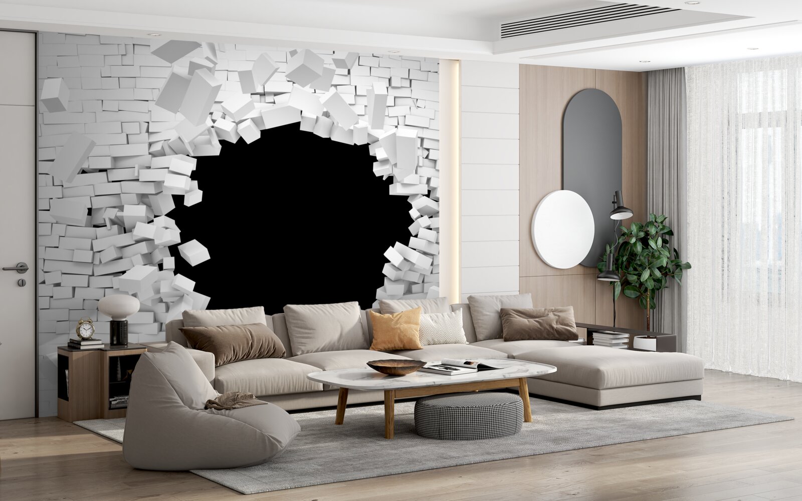 Fototapeta tmavá diera vo svetlej tehlovej stene