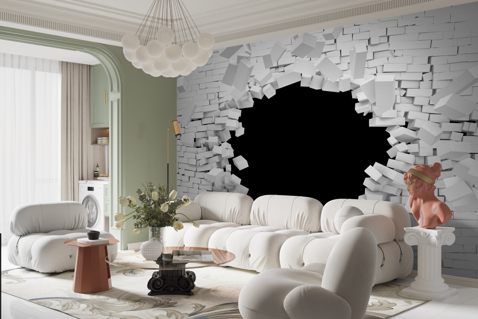 Fototapeta tmavá diera vo svetlej tehlovej stene