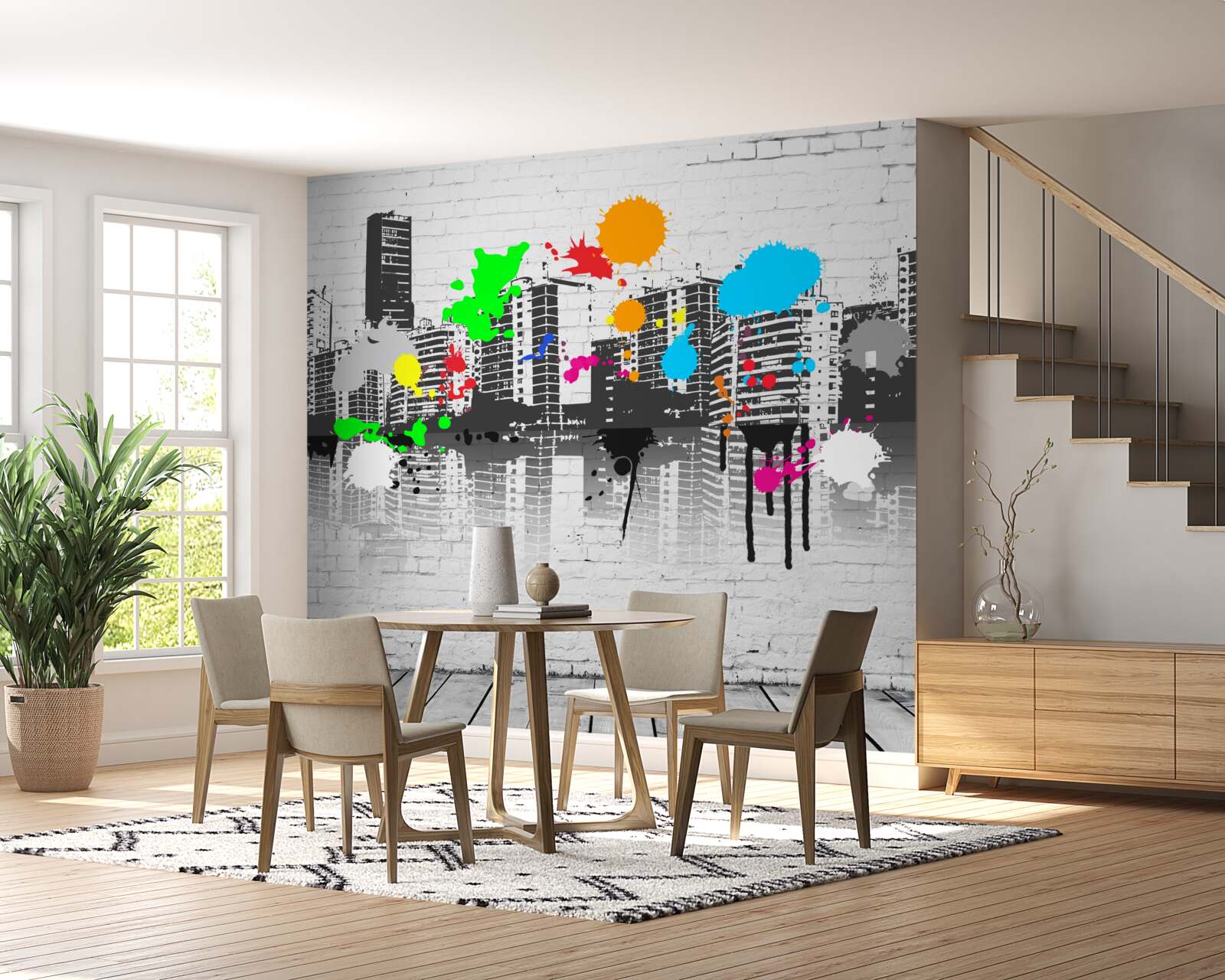 Fototapeta domy zdobené svetlými graffiti škvrnami