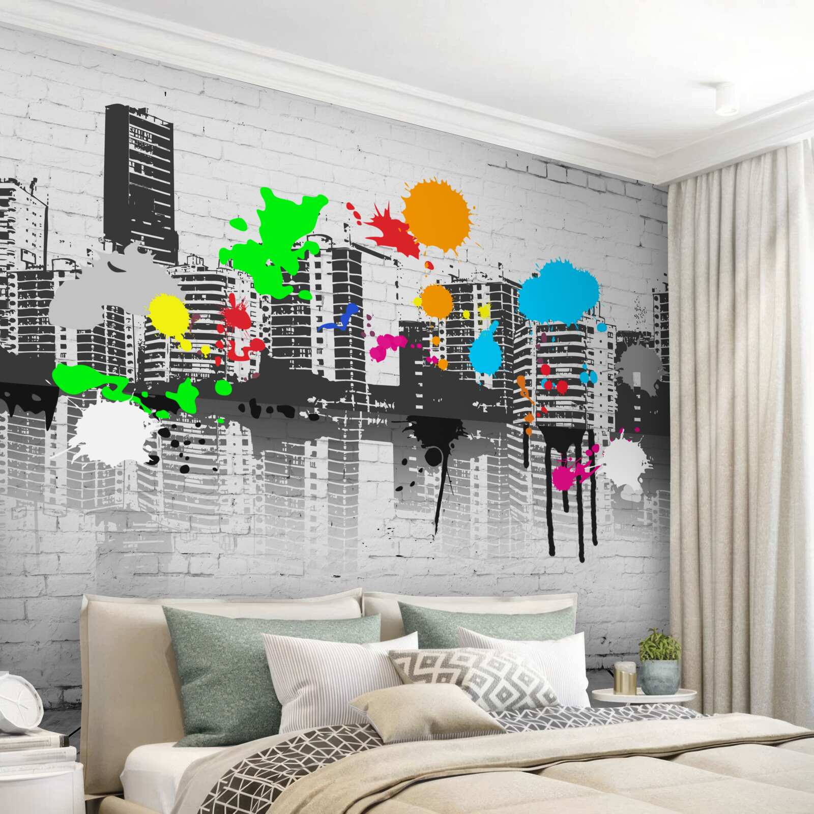 Fototapeta domy zdobené svetlými graffiti škvrnami