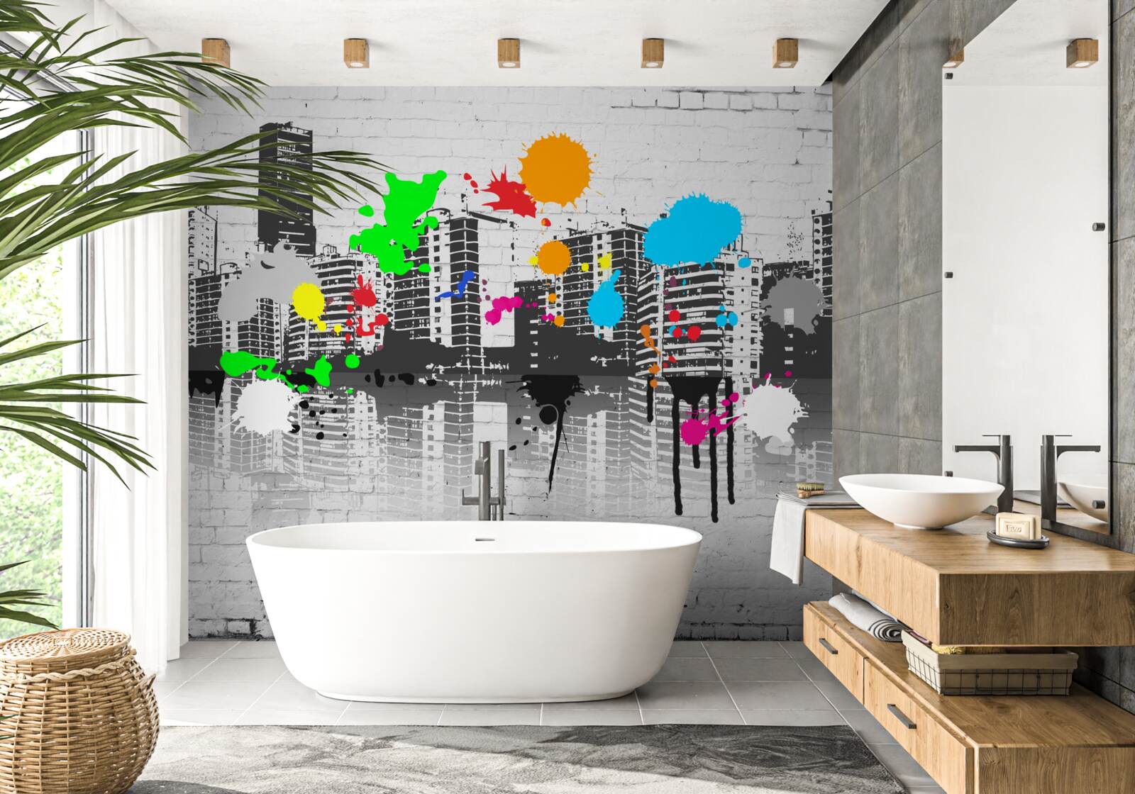 Fototapeta domy zdobené svetlými graffiti škvrnami