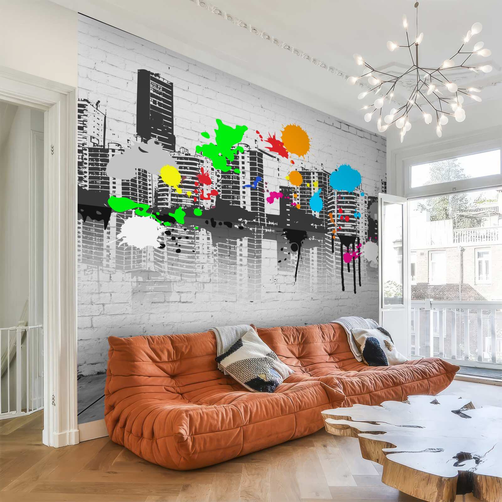 Fototapeta domy zdobené svetlými graffiti škvrnami