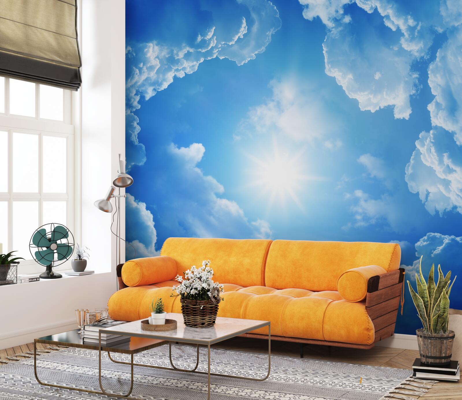 Fototapeta Žiariace slnko sedí uprostred azúrovej oblohy