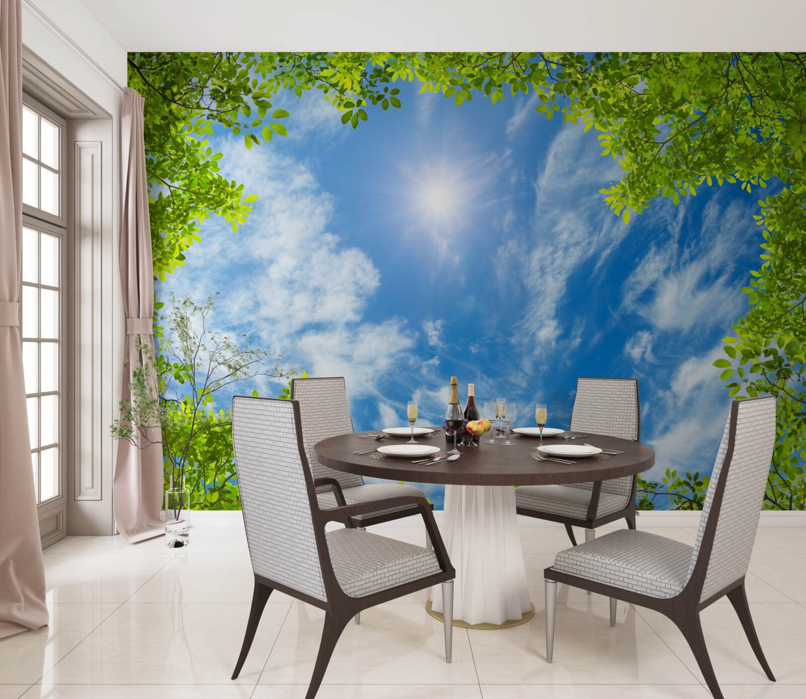 Fototapeta zelená, v ktorej je pochované slnko a modrá obloha