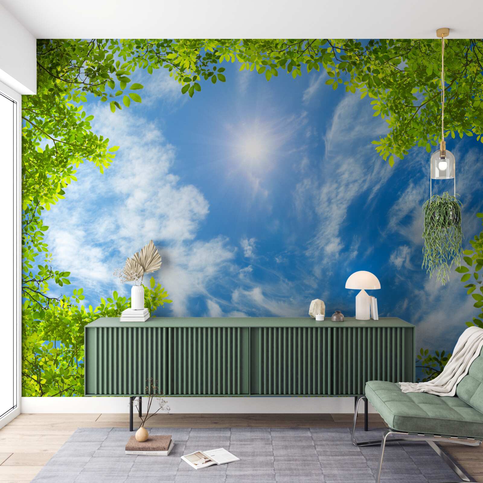 Fototapeta zelená, v ktorej je pochované slnko a modrá obloha