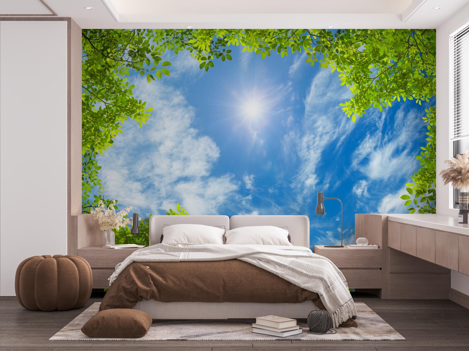 Fototapeta zelená, v ktorej je pochované slnko a modrá obloha