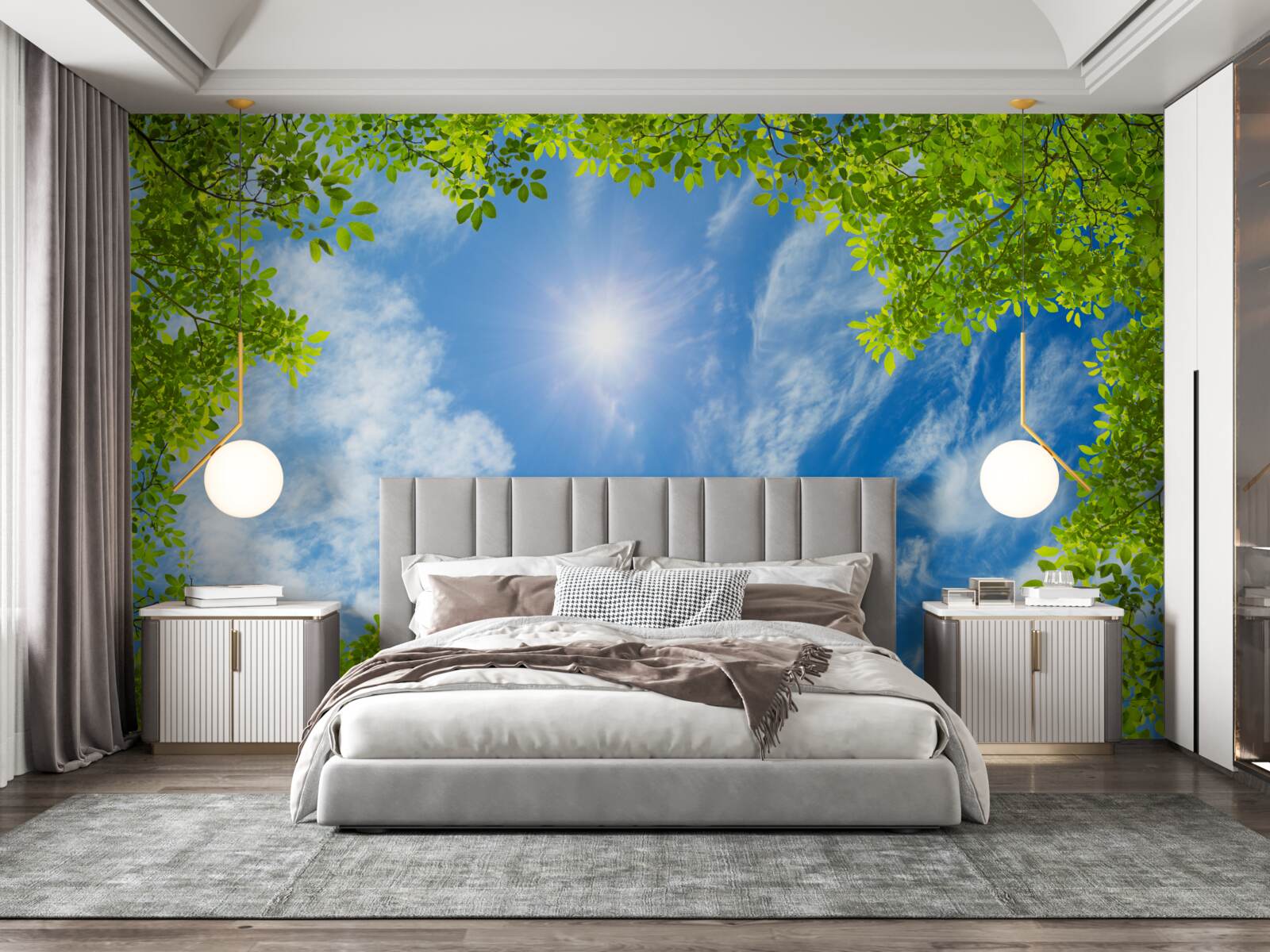 Fototapeta zelená, v ktorej je pochované slnko a modrá obloha