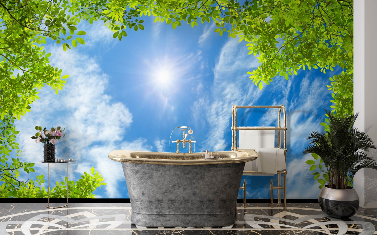 Fototapeta zelená, v ktorej je pochované slnko a modrá obloha