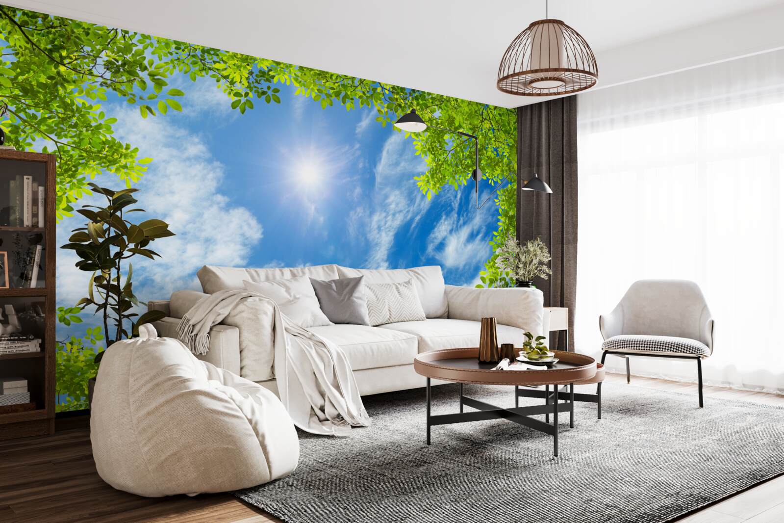 Fototapeta zelená, v ktorej je pochované slnko a modrá obloha