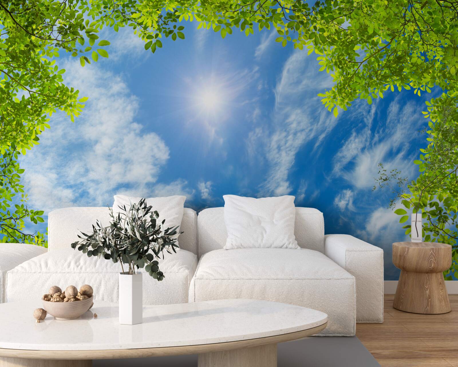 Fototapeta zelená, v ktorej je pochované slnko a modrá obloha