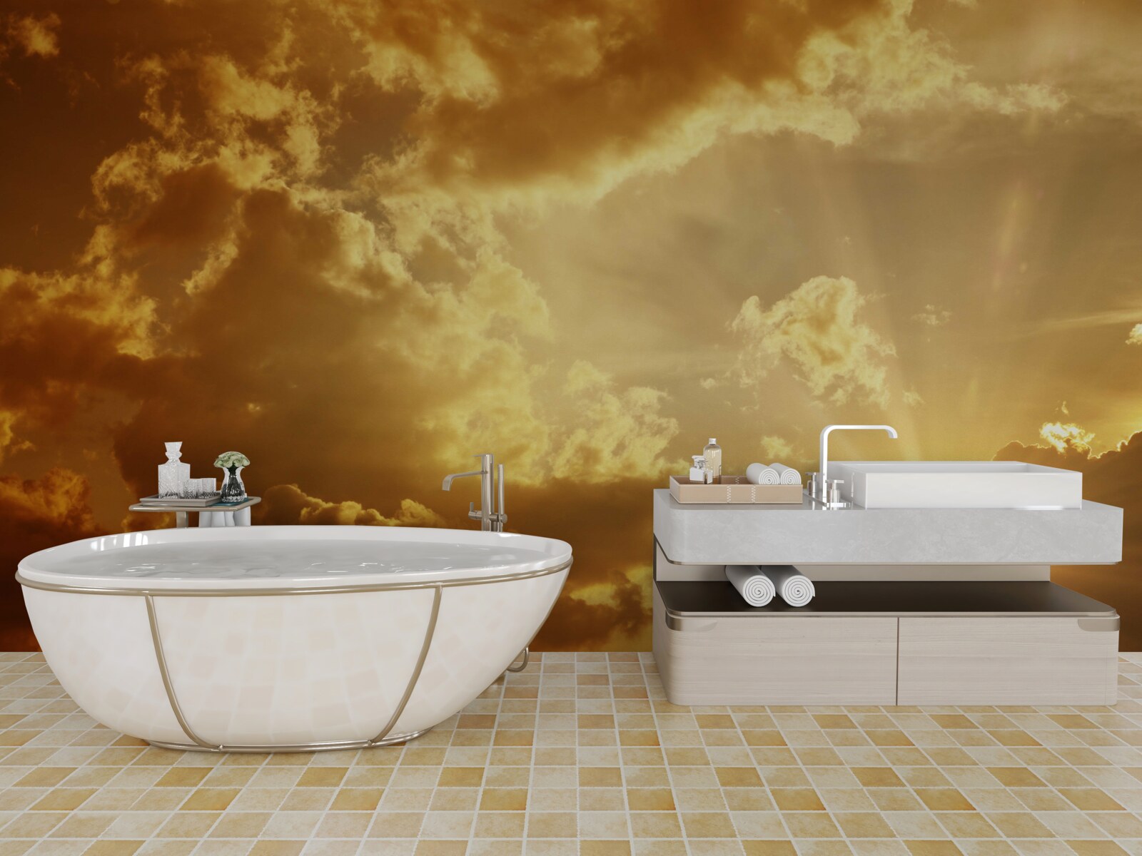 Fototapeta Slnečné lúče prenikajúce cez oblaky pri západe slnka vyžarujú teplo