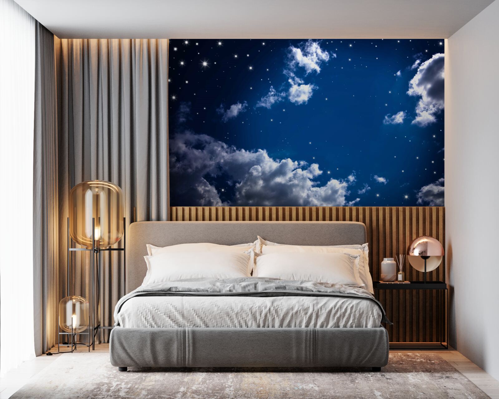 Fototapeta nočná obloha je jasná oblakmi a hviezdami