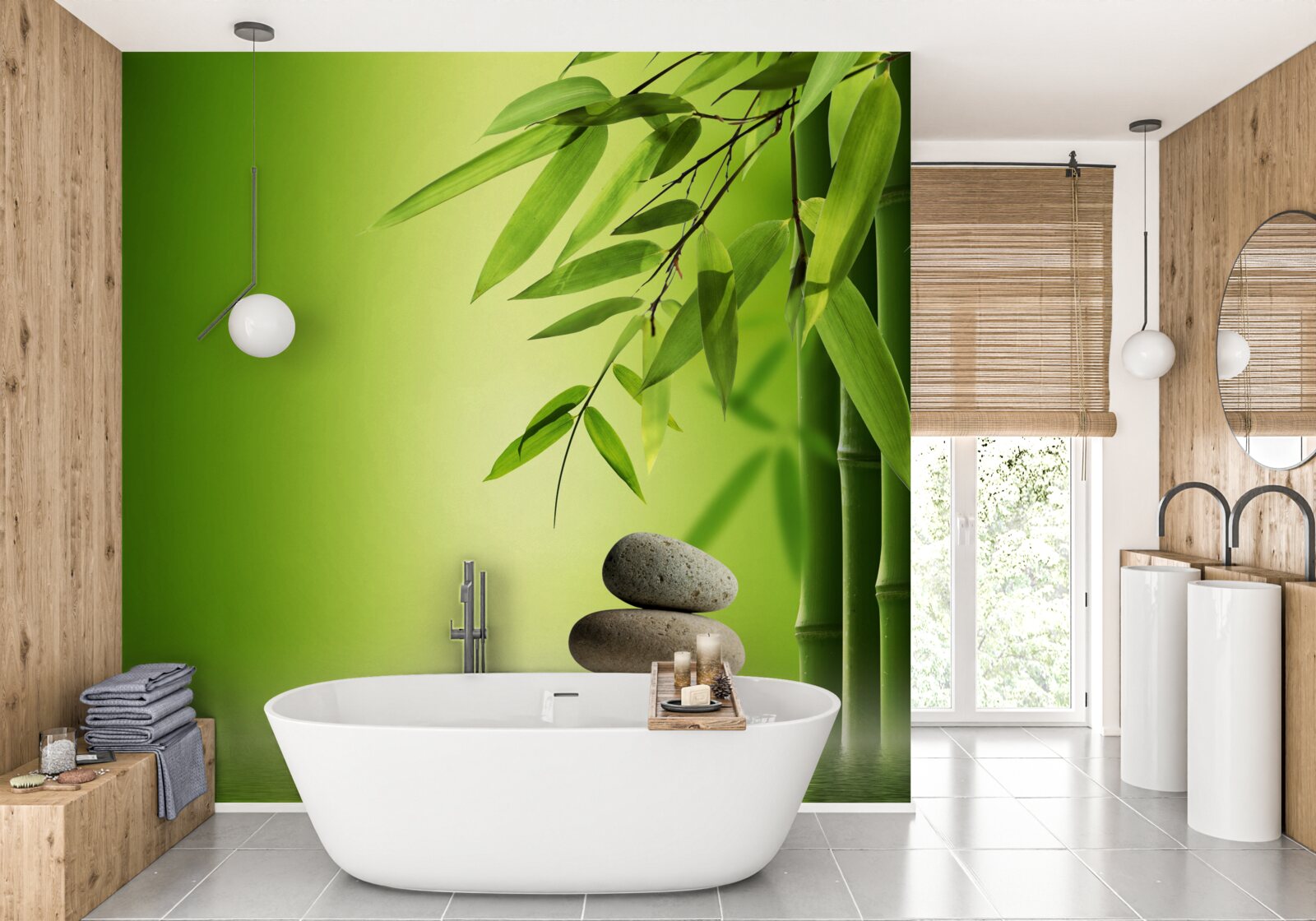 Fototapeta zelený bambus a kúpeľné kamene