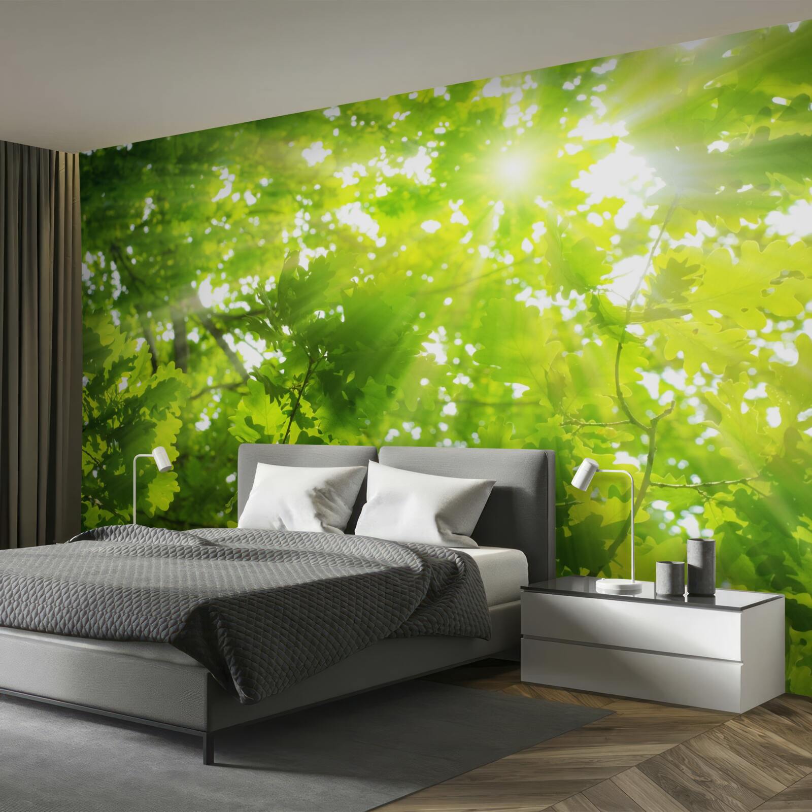 Fototapeta slnečné lúče žiariace v zelenej húštine