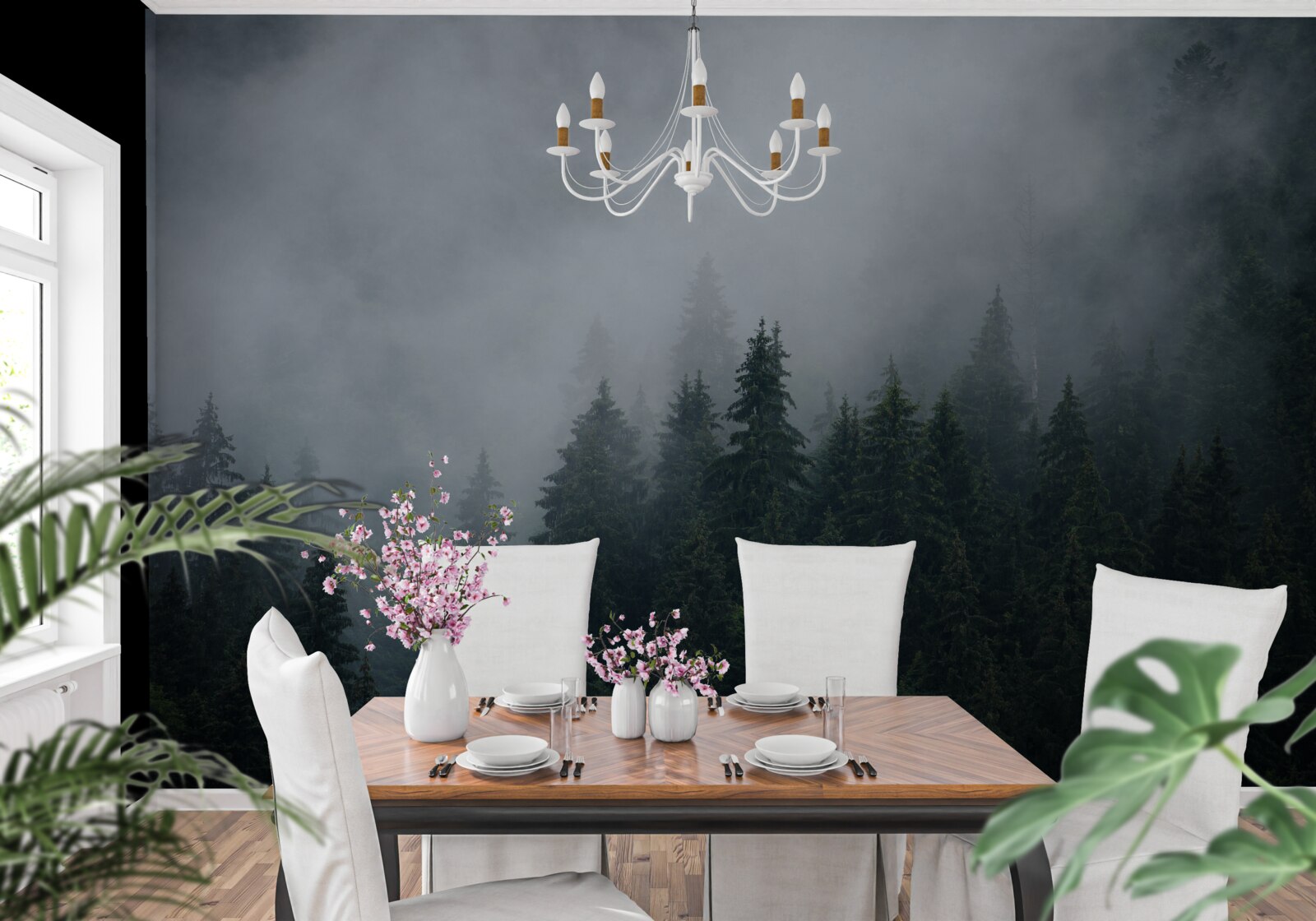 Fototapeta hmla padá na smrekový lesík