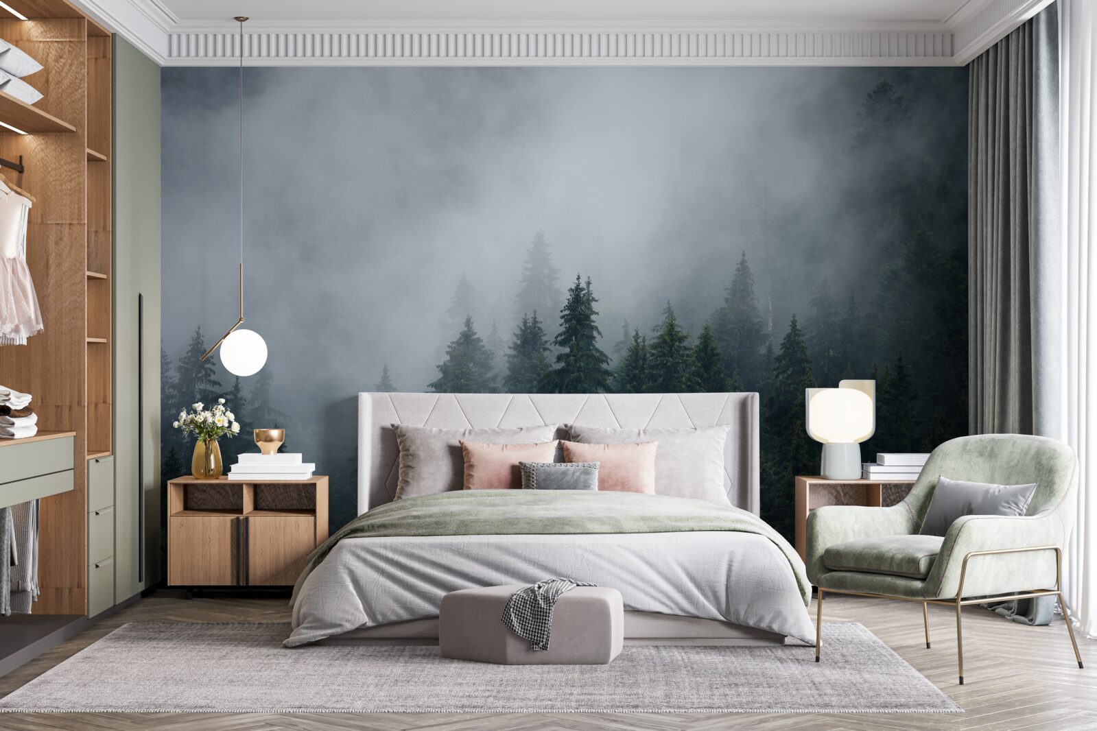 Fototapeta hmla padá na smrekový lesík