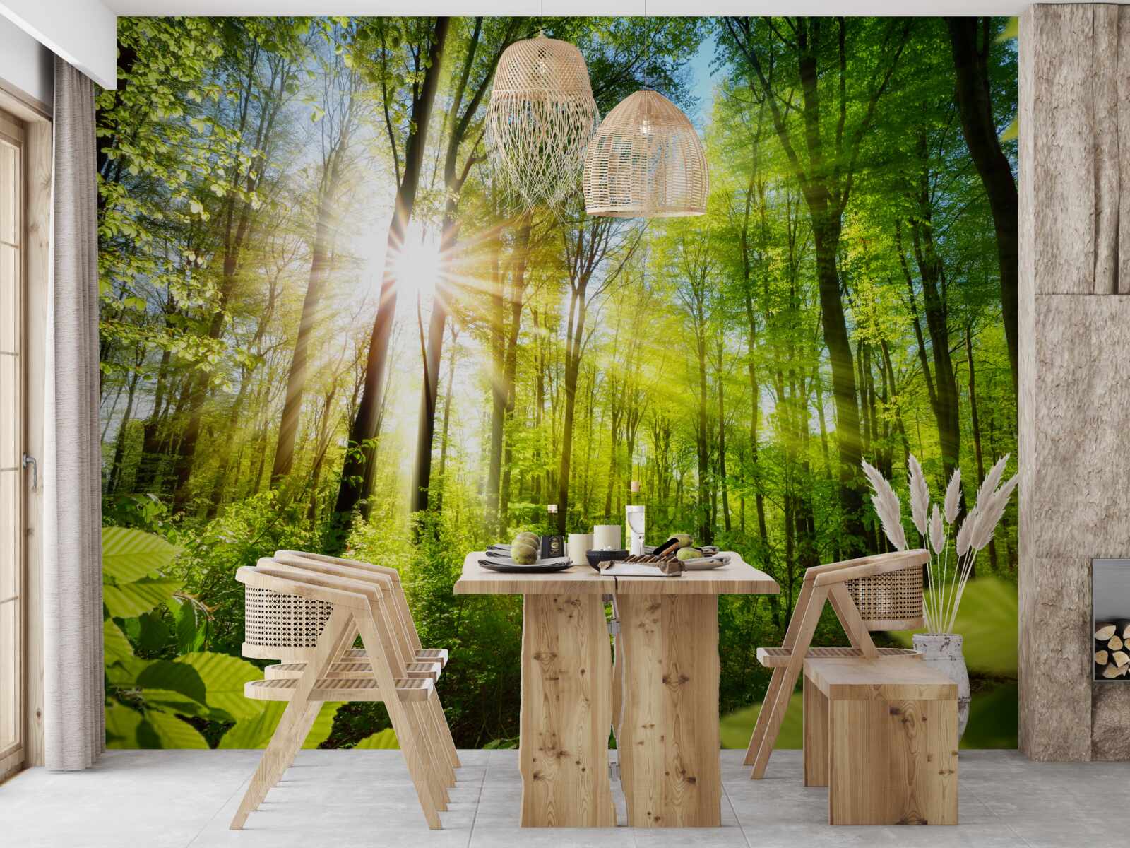 Fototapeta ranné slnečné lúče v zelenom lese