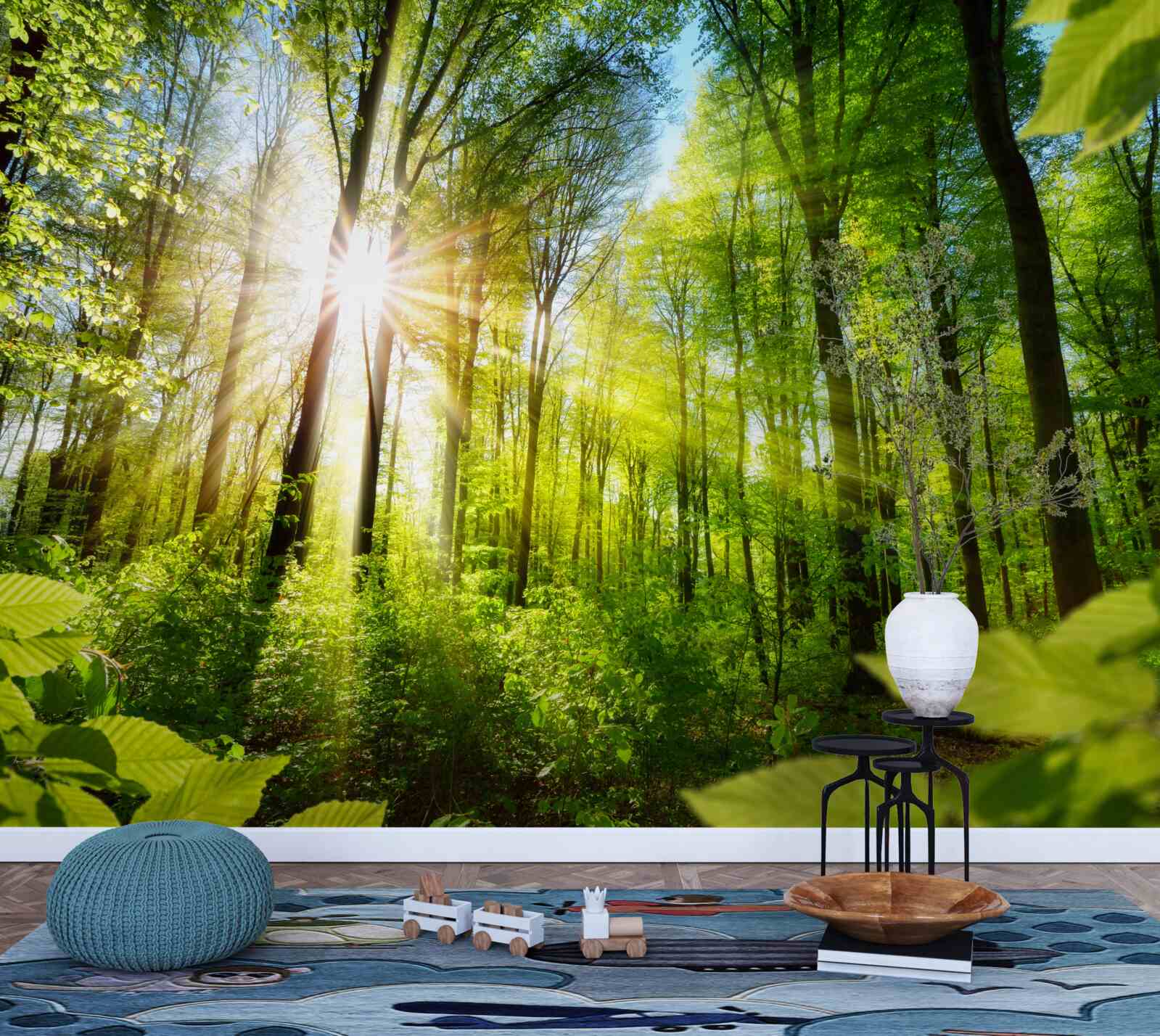 Fototapeta ranné slnečné lúče v zelenom lese