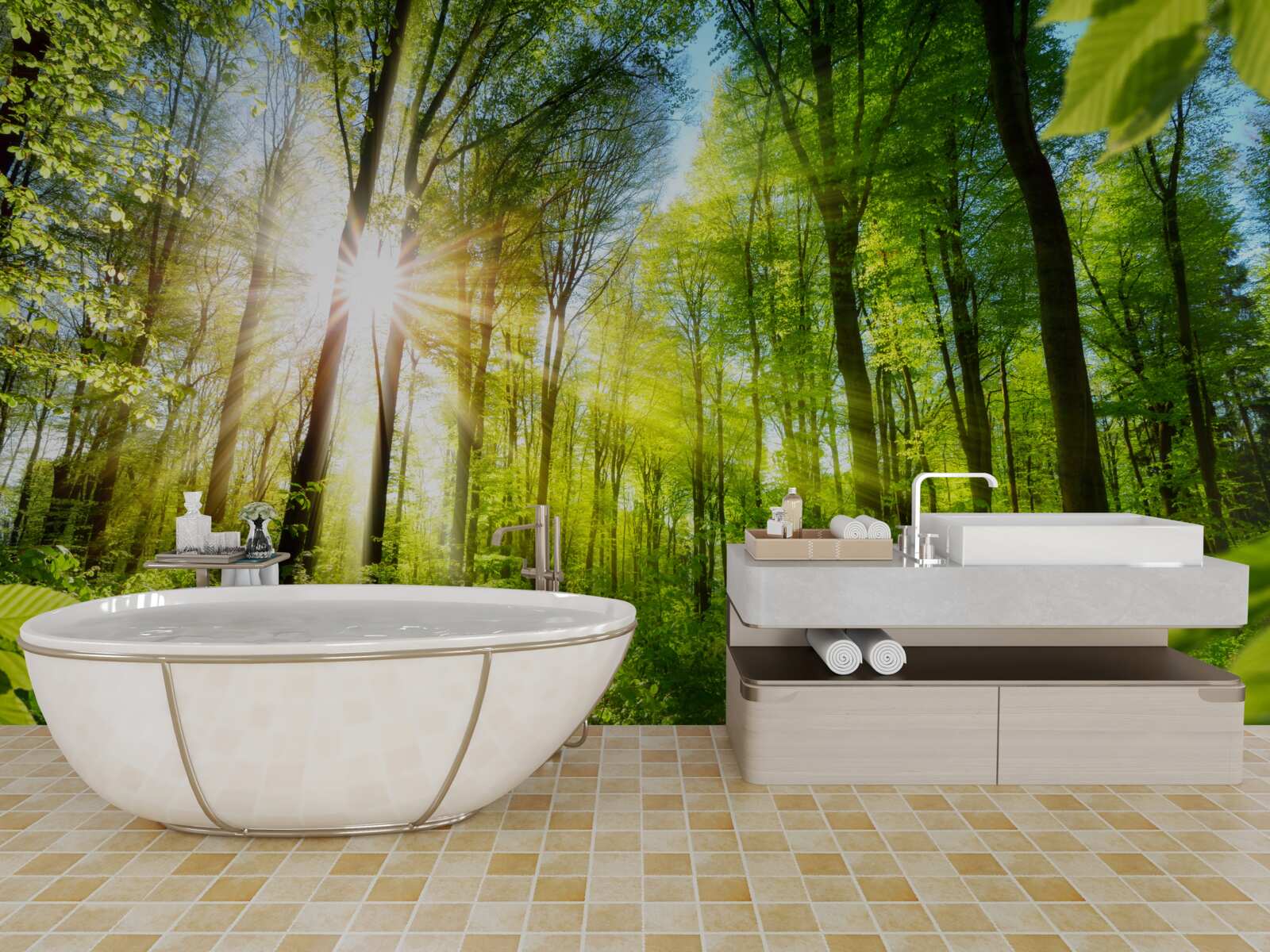 Fototapeta ranné slnečné lúče v zelenom lese