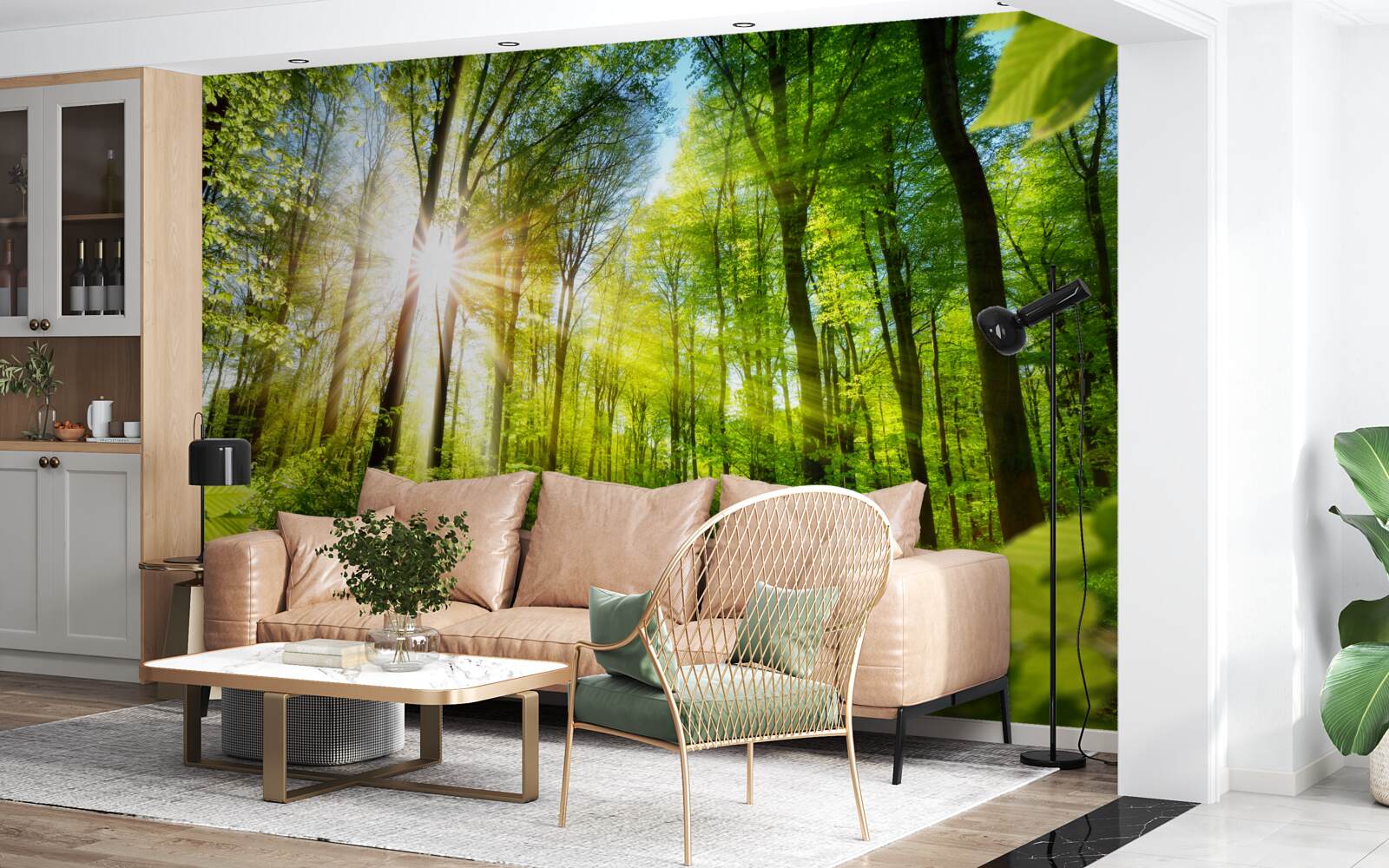 Fototapeta ranné slnečné lúče v zelenom lese