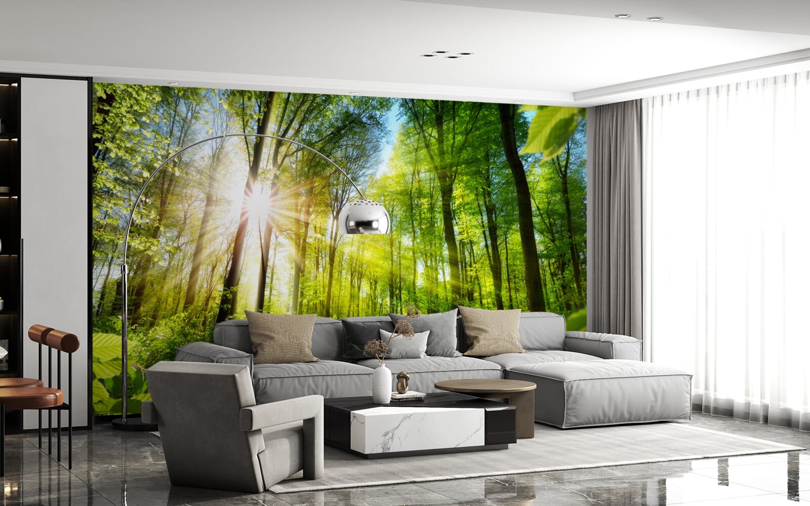 Fototapeta ranné slnečné lúče v zelenom lese