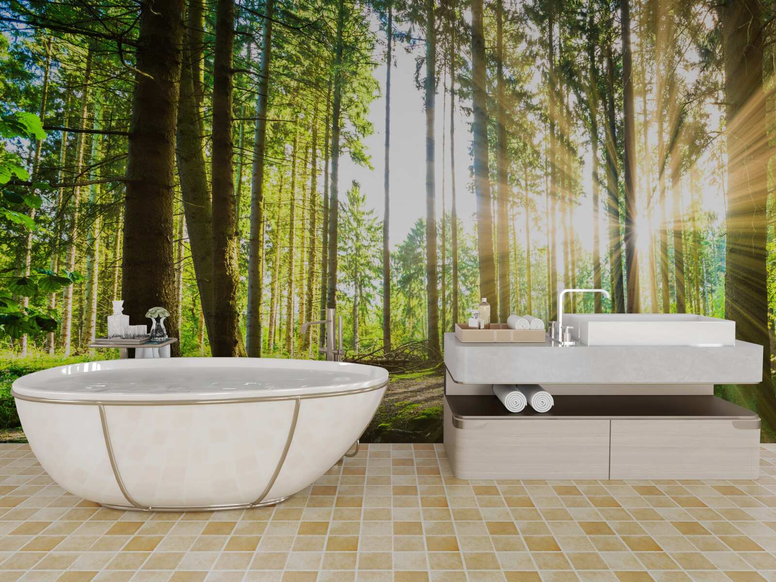 Fototapeta slnečné lúče prenikajú medzi vysoké stromy