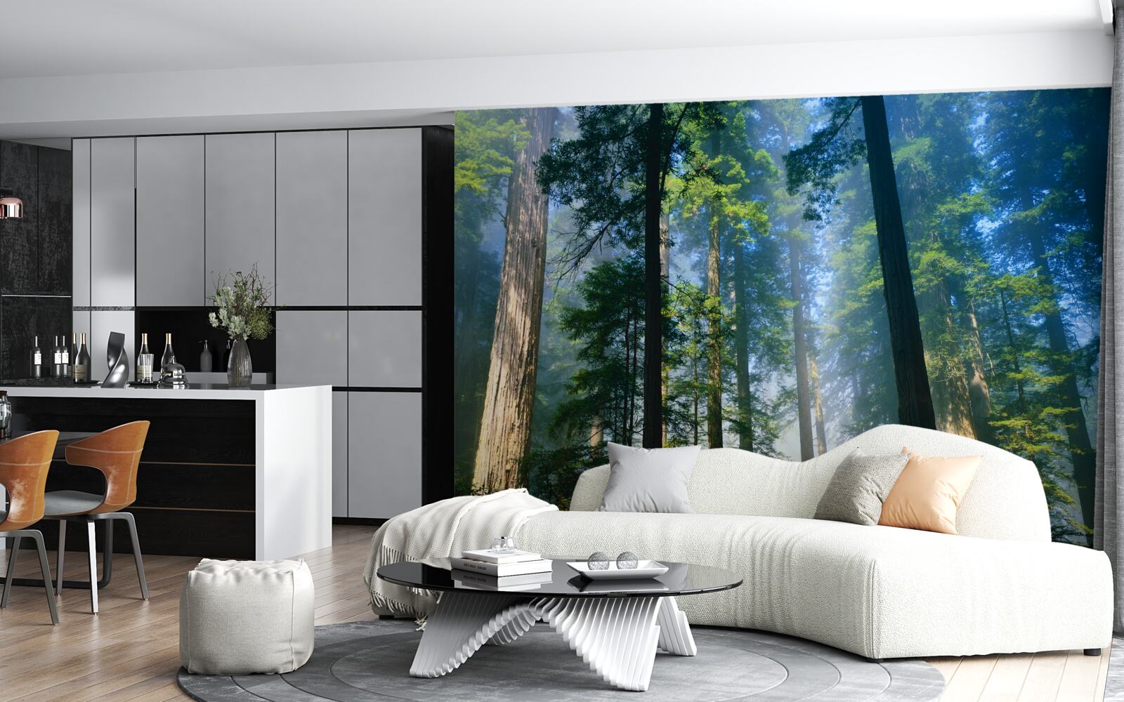 Fototapeta tenká hmlistá pokrývka medzi vysokými stromami v lese