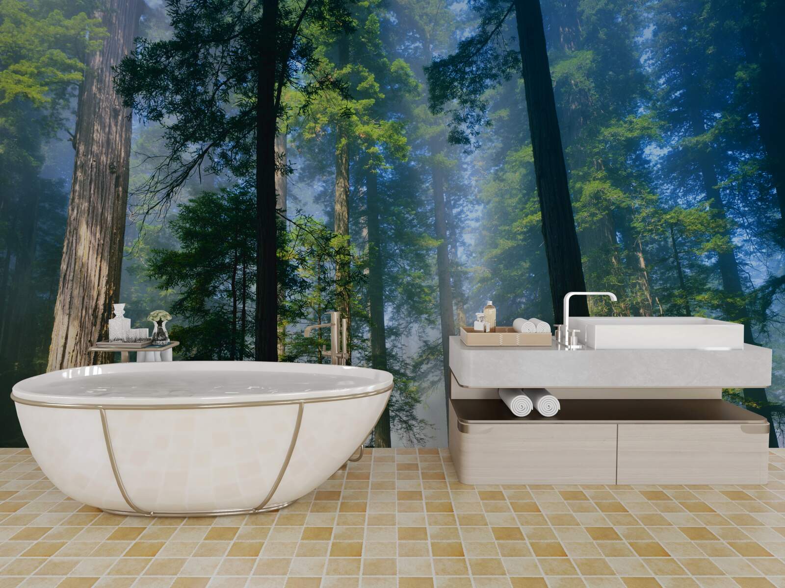 Fototapeta tenká hmlistá pokrývka medzi vysokými stromami v lese